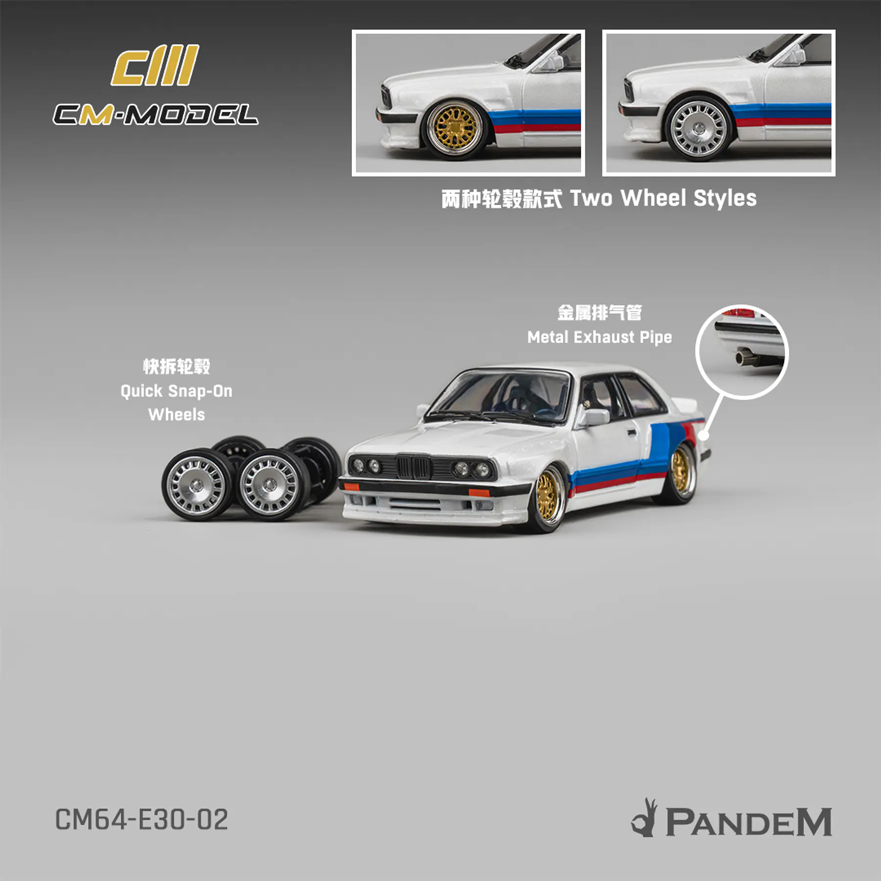 (PREVENTA) CM Model 1:64 Pandem BMW M3 E30 Alpine White with M Tri-Stripes