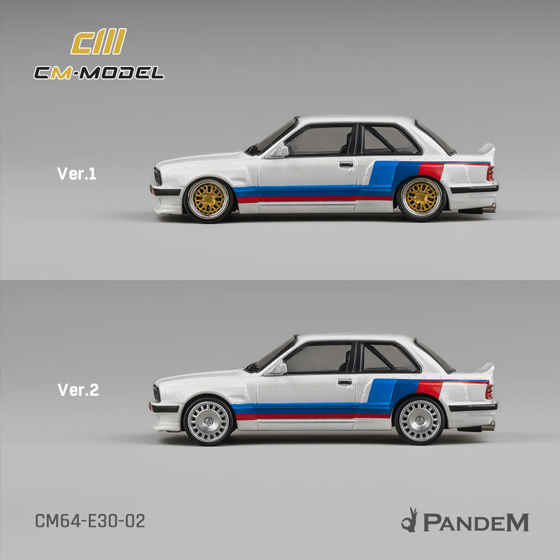 (PREVENTA) CM Model 1:64 Pandem BMW M3 E30 Alpine White with M Tri-Stripes