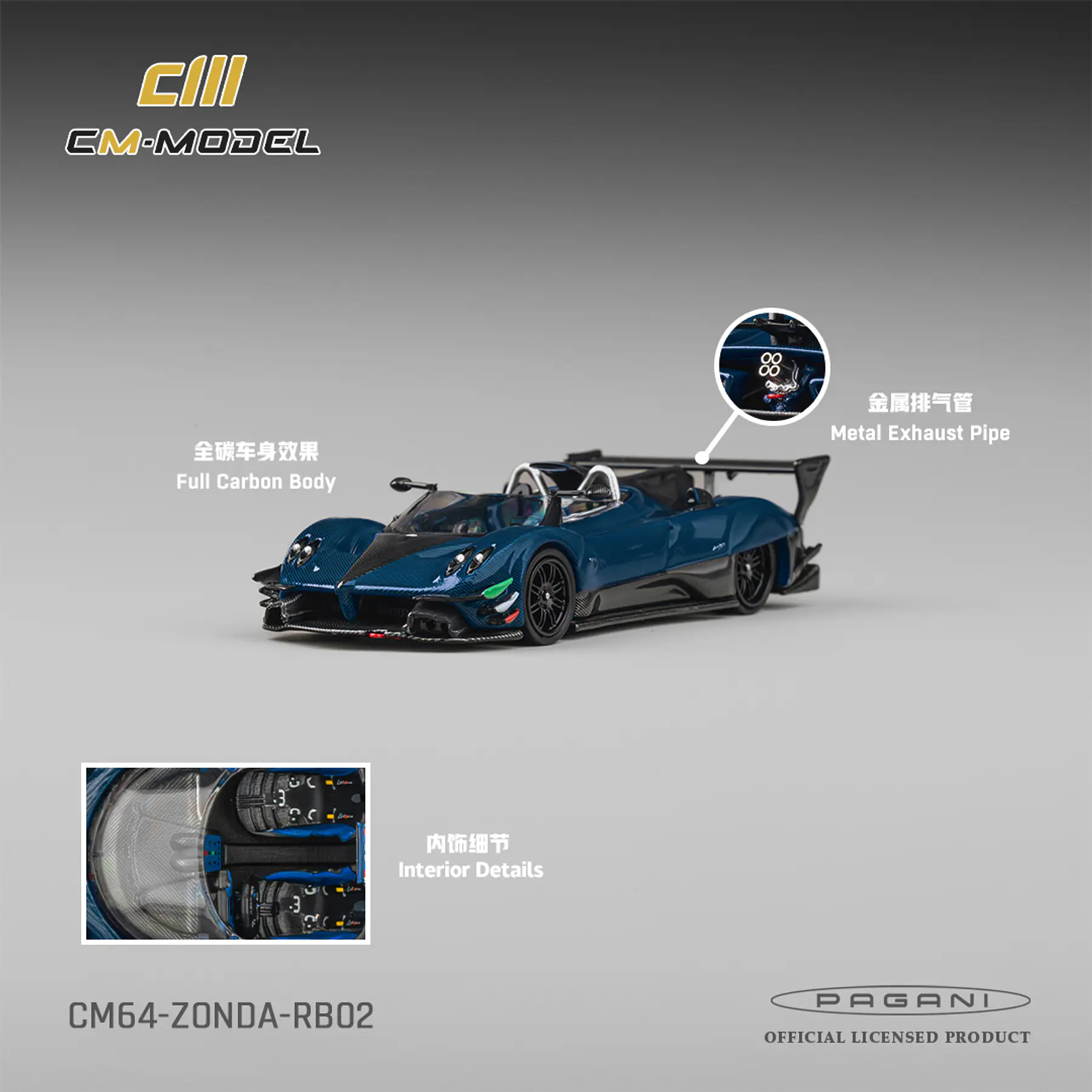 (PREVENTA) CM Model 1:64 Pagani Zonda Revolution Barchetta Blue Full Carbon