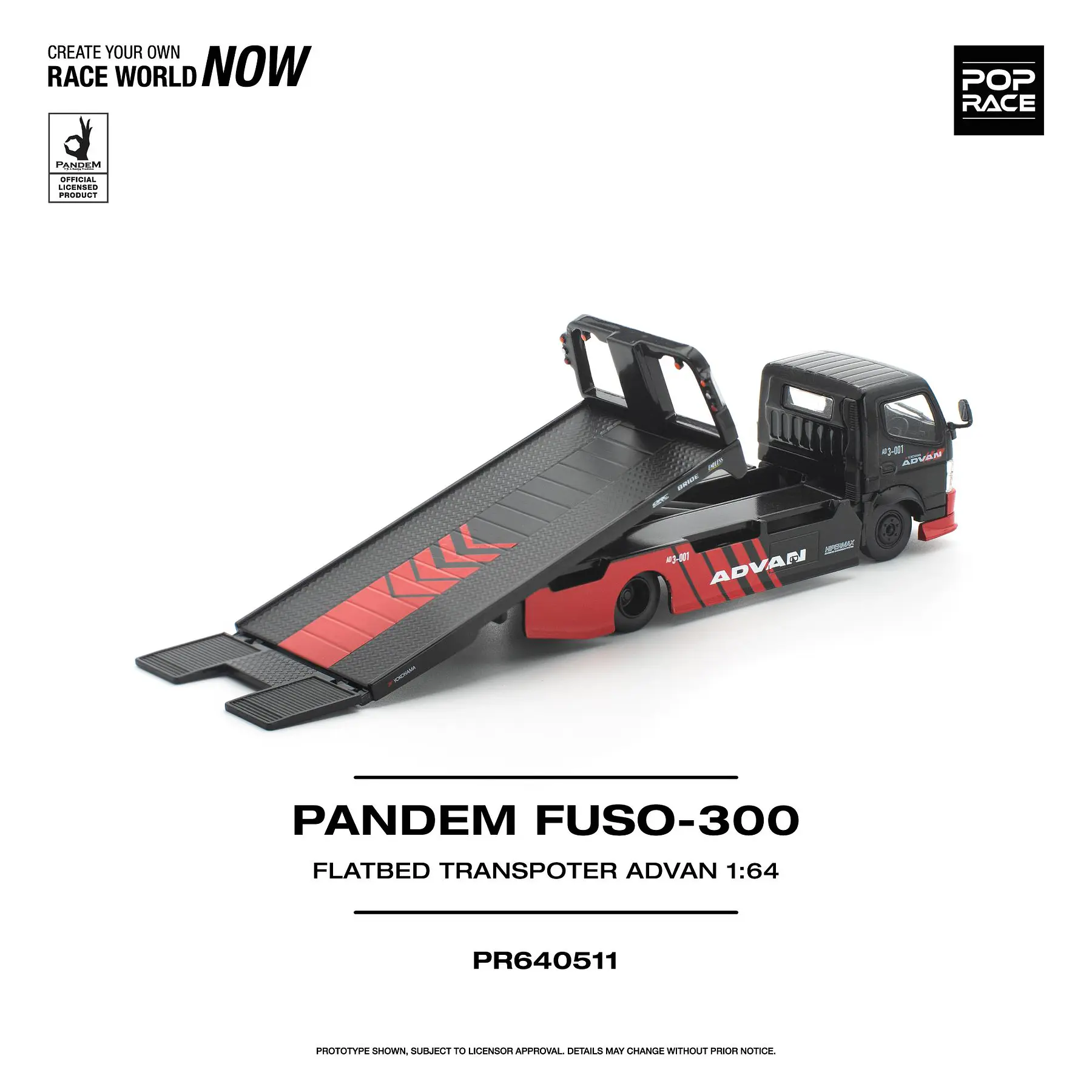 (PREVENTA) Pop Race 1:64 PANDEM Mitsubishi Fuso 300 Flatbed Transporter ADVAN