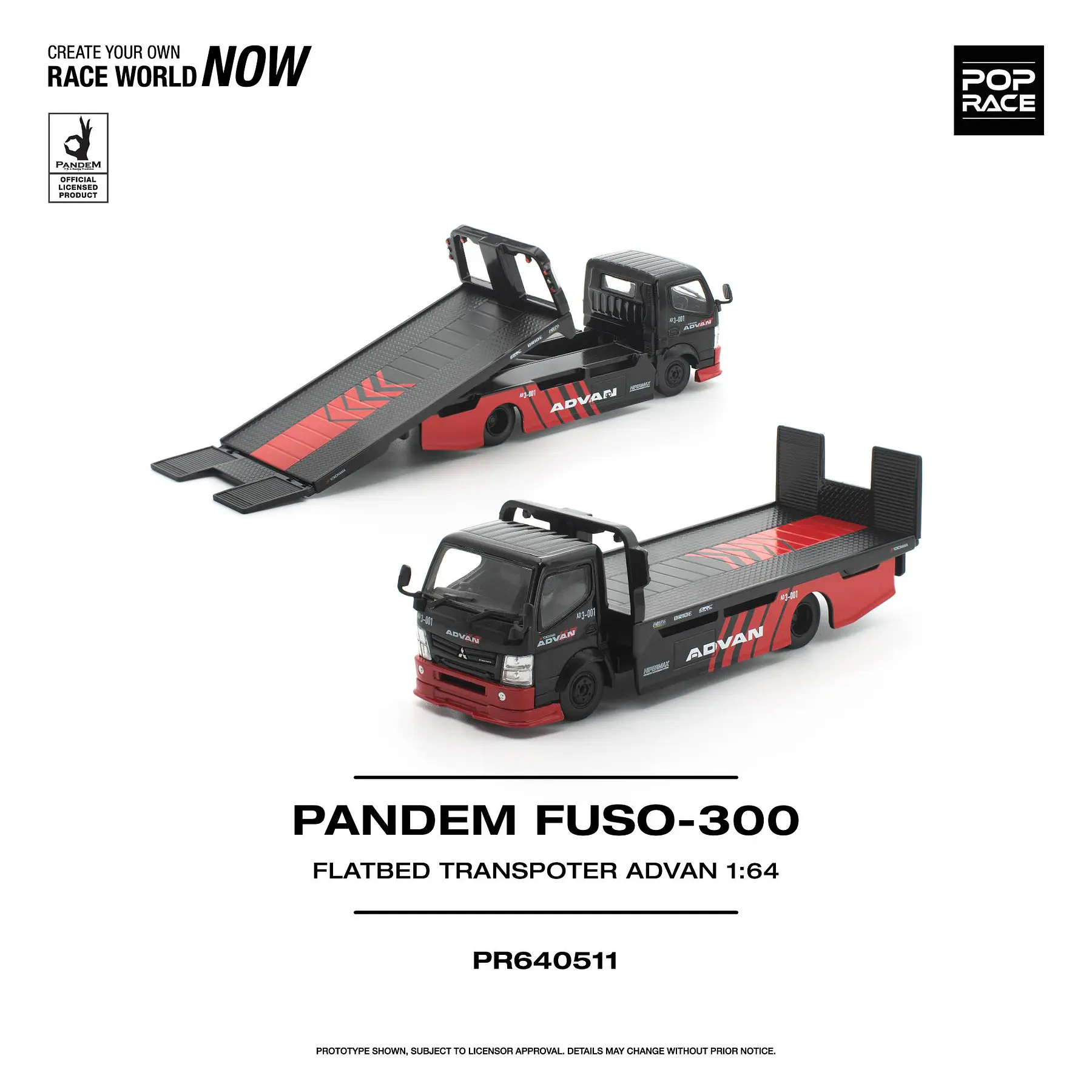 (PREVENTA) Pop Race 1:64 PANDEM Mitsubishi Fuso 300 Flatbed Transporter ADVAN