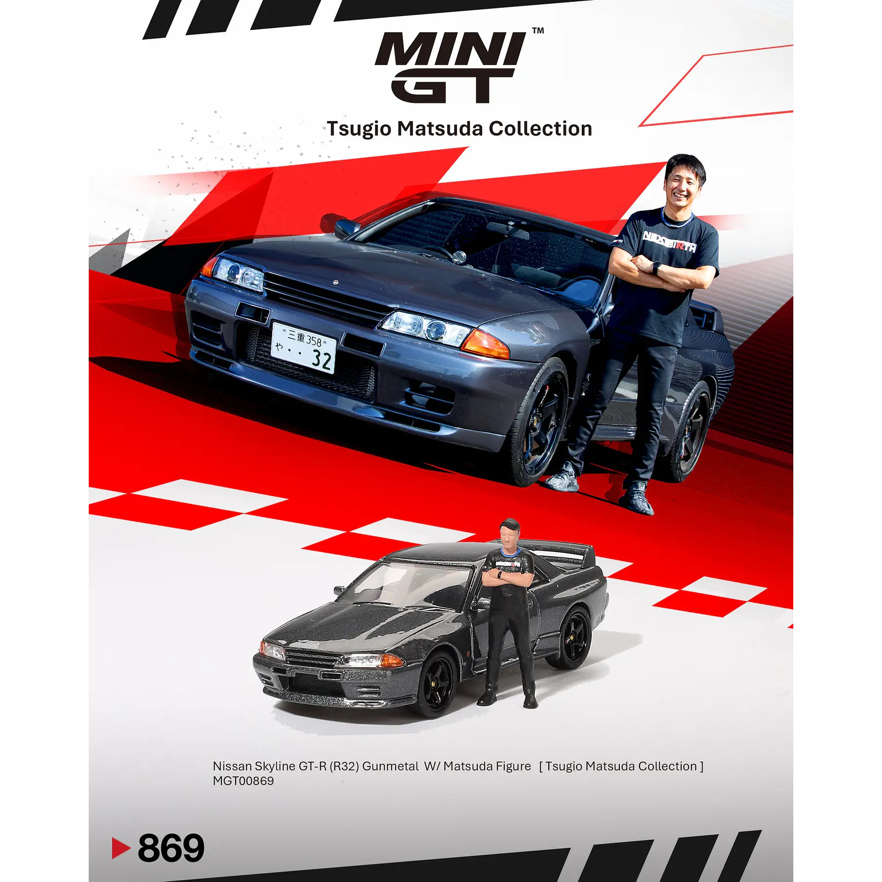 Mini GT 1:64 Nissan Skyline GT-R (R32) Nismo Gunmetal W/ Matsuda Figure – Tsugio Matsuda Collection