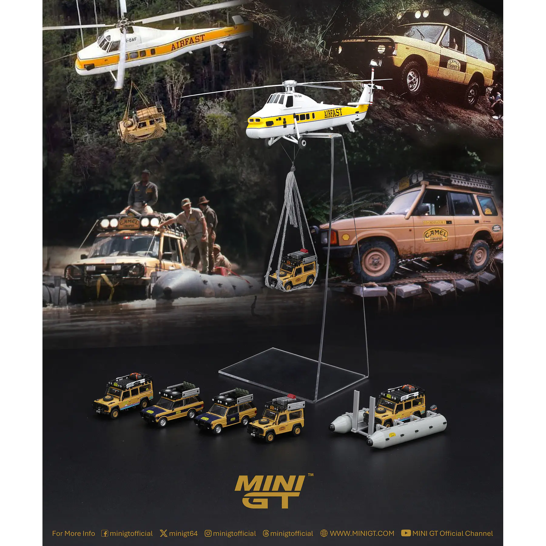 (PREVENTA) Mini GT 1:64 Sikorsky S58T Helicopter 1985 Camel Trophy