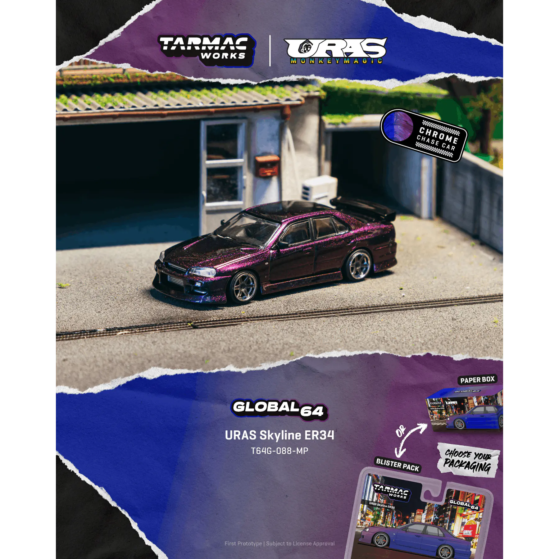 (PREVENTA) Tarmac Works 1:64 URAS Nissan Skyline ER34 Midnight Purple