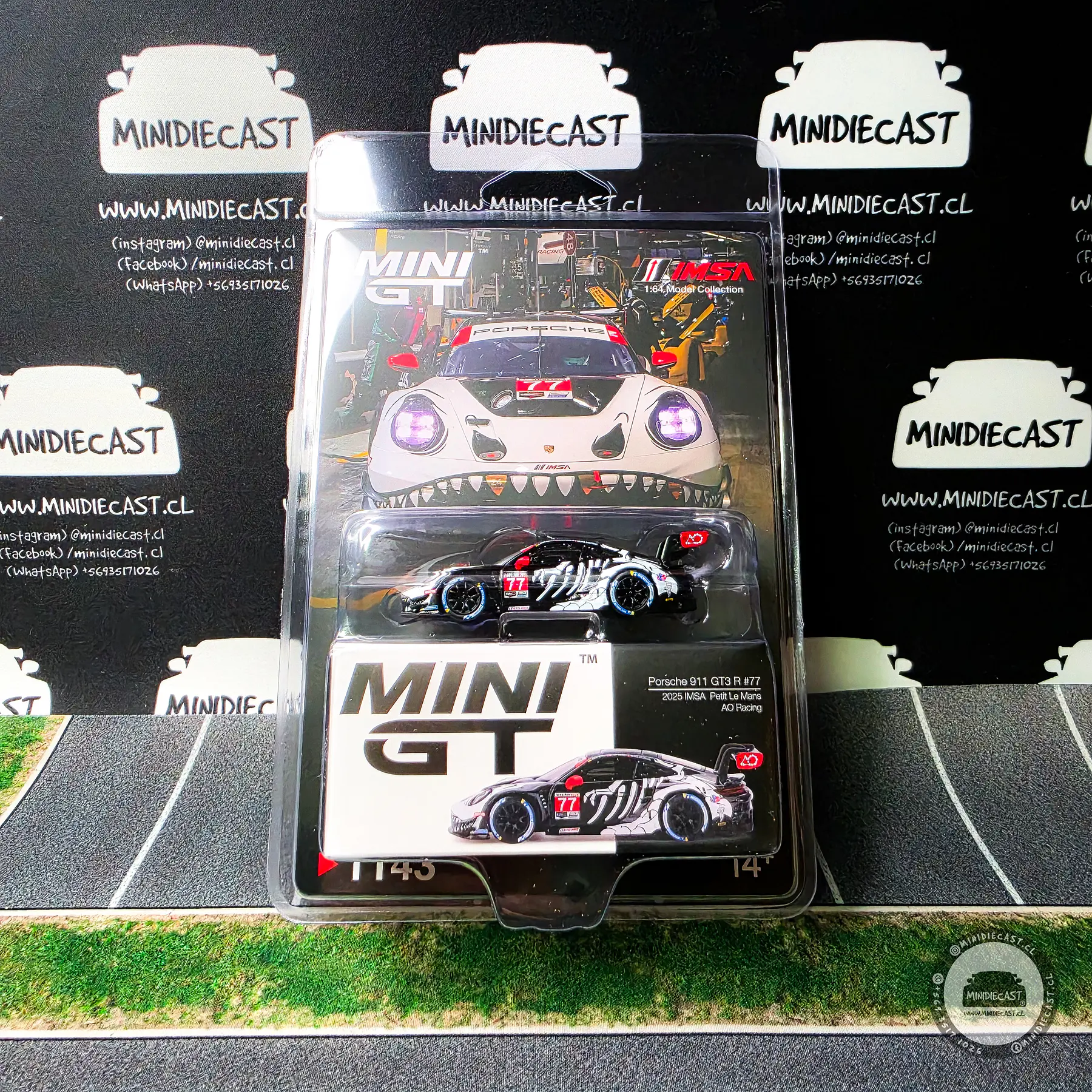 Mini GT 1:64 Porsche 911 GT3 R #77 AO Racing 2025 IMSA Petit Le Mans. 