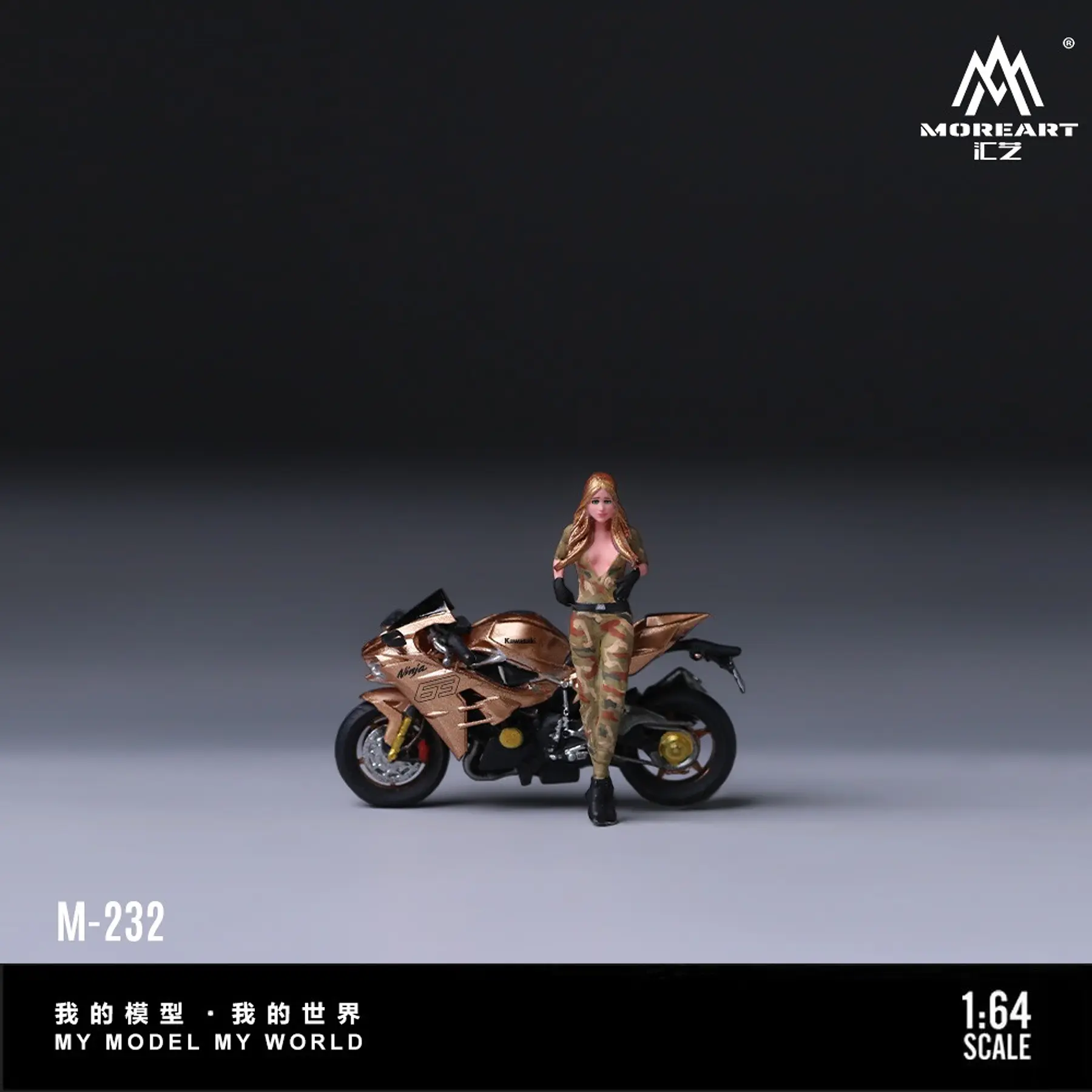 MoreArt 1:64 Kawasaki Golden 63 Camouflage Uniform Blonde Girl Motorcycle Figure Resin Model. 