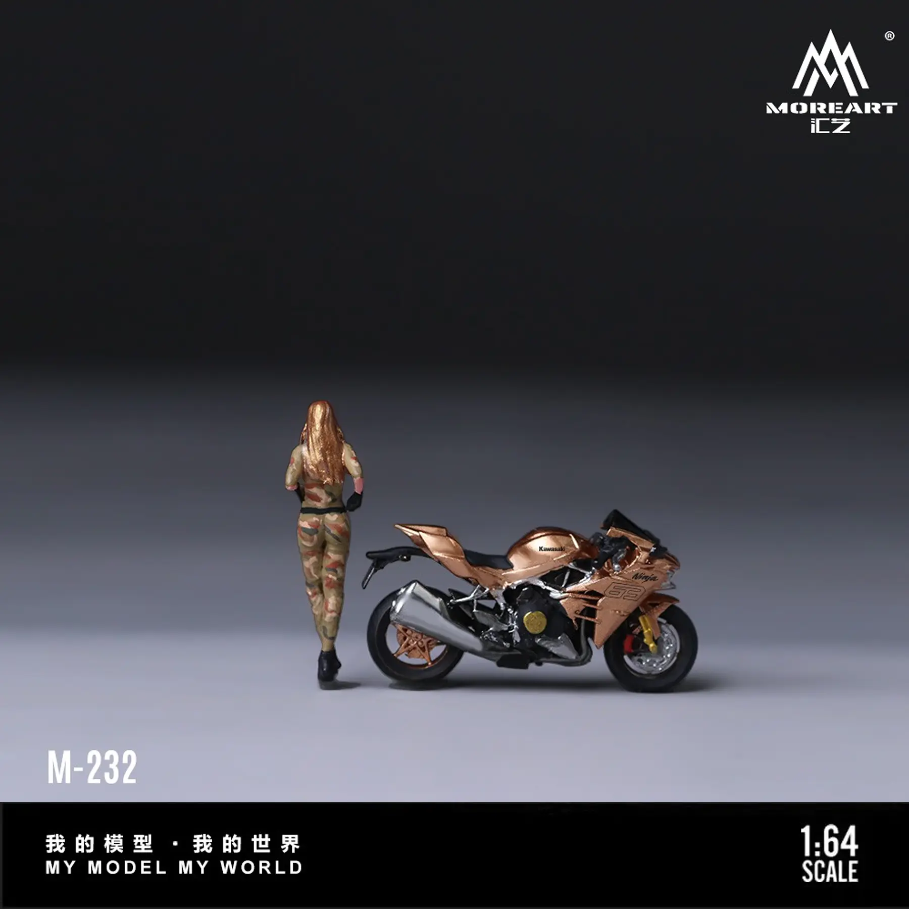 MoreArt 1:64 Kawasaki Golden 63 Camouflage Uniform Blonde Girl Motorcycle Figure Resin Model. 