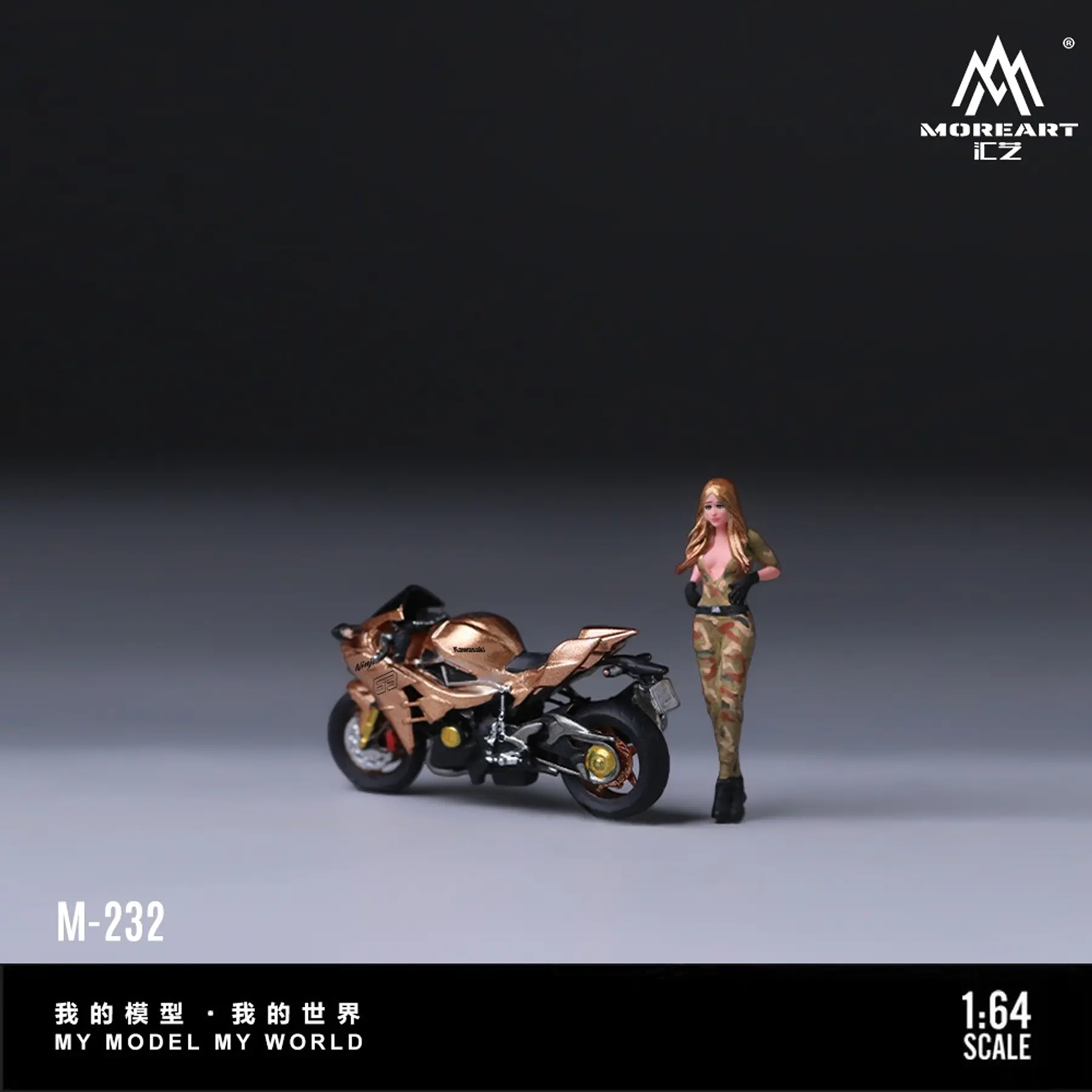 MoreArt 1:64 Kawasaki Golden 63 Camouflage Uniform Blonde Girl Motorcycle Figure Resin Model. 
