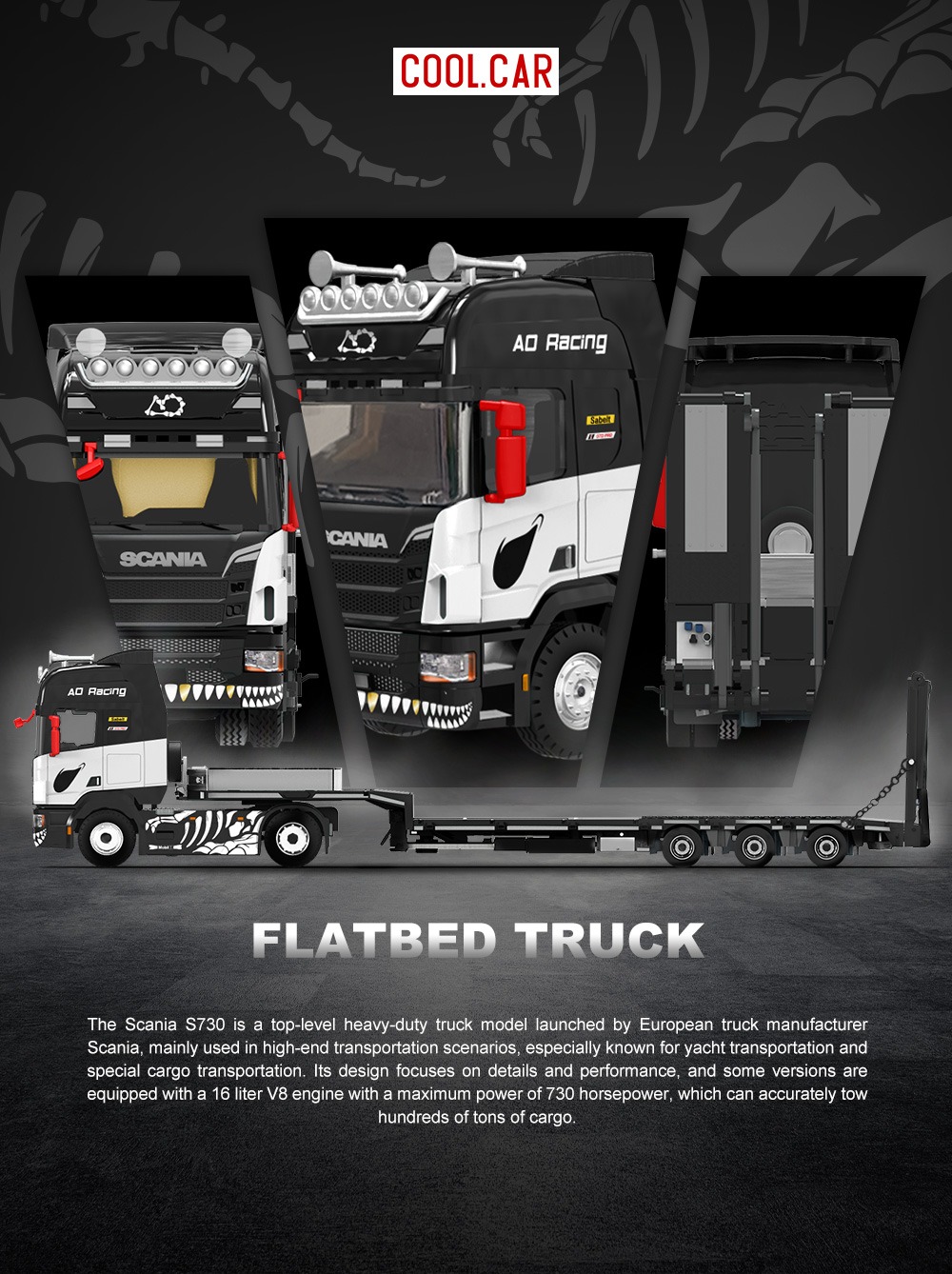 (PREVENTA) Cool Car 1:64 Scania flatbed transport Skeleton Rexy