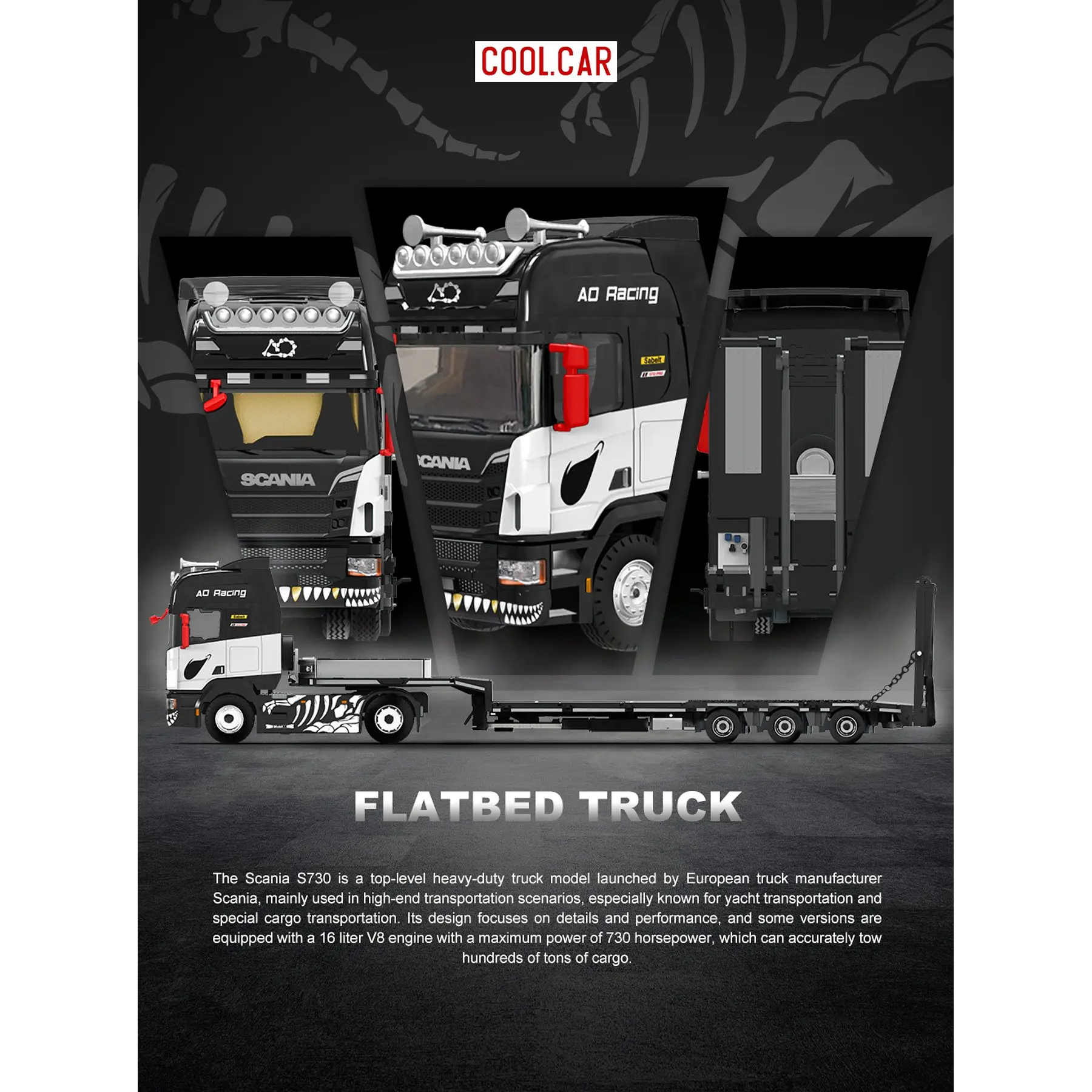 (PREVENTA) Cool Car 1:64 Scania flatbed transport Skeleton Rexy