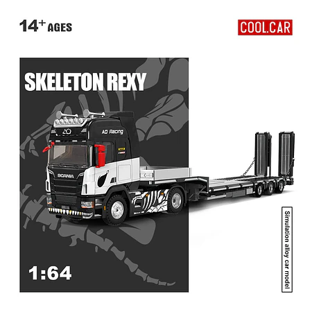 (PREVENTA) Cool Car 1:64 Scania flatbed transport Skeleton Rexy