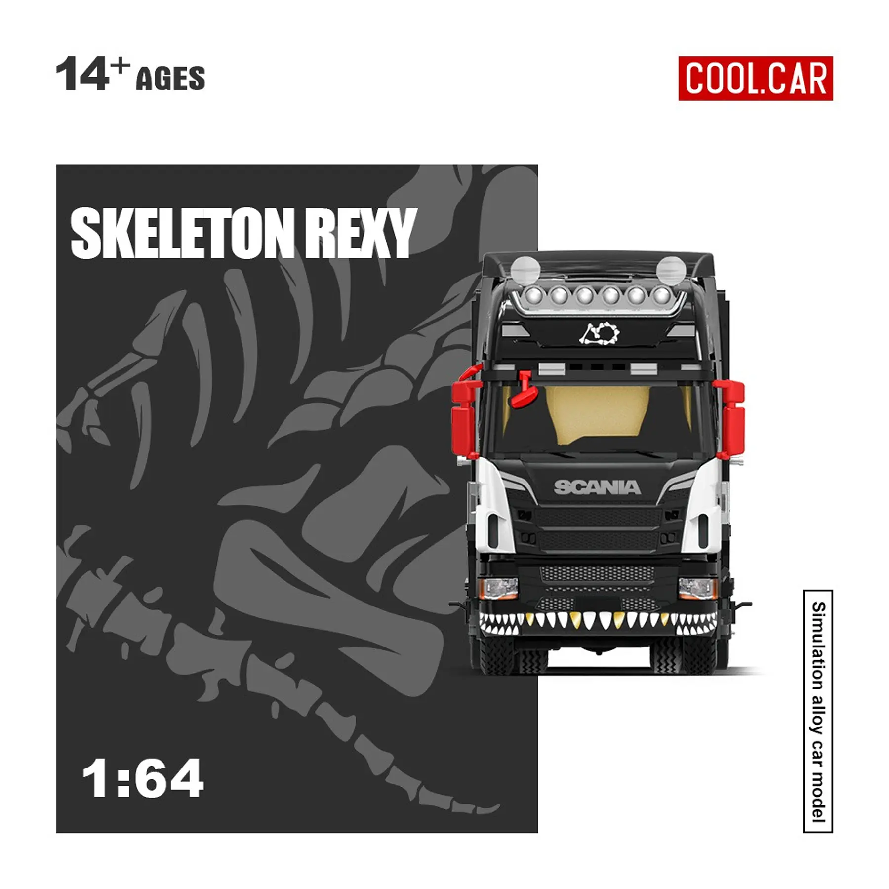(PREVENTA) Cool Car 1:64 Scania flatbed transport Skeleton Rexy