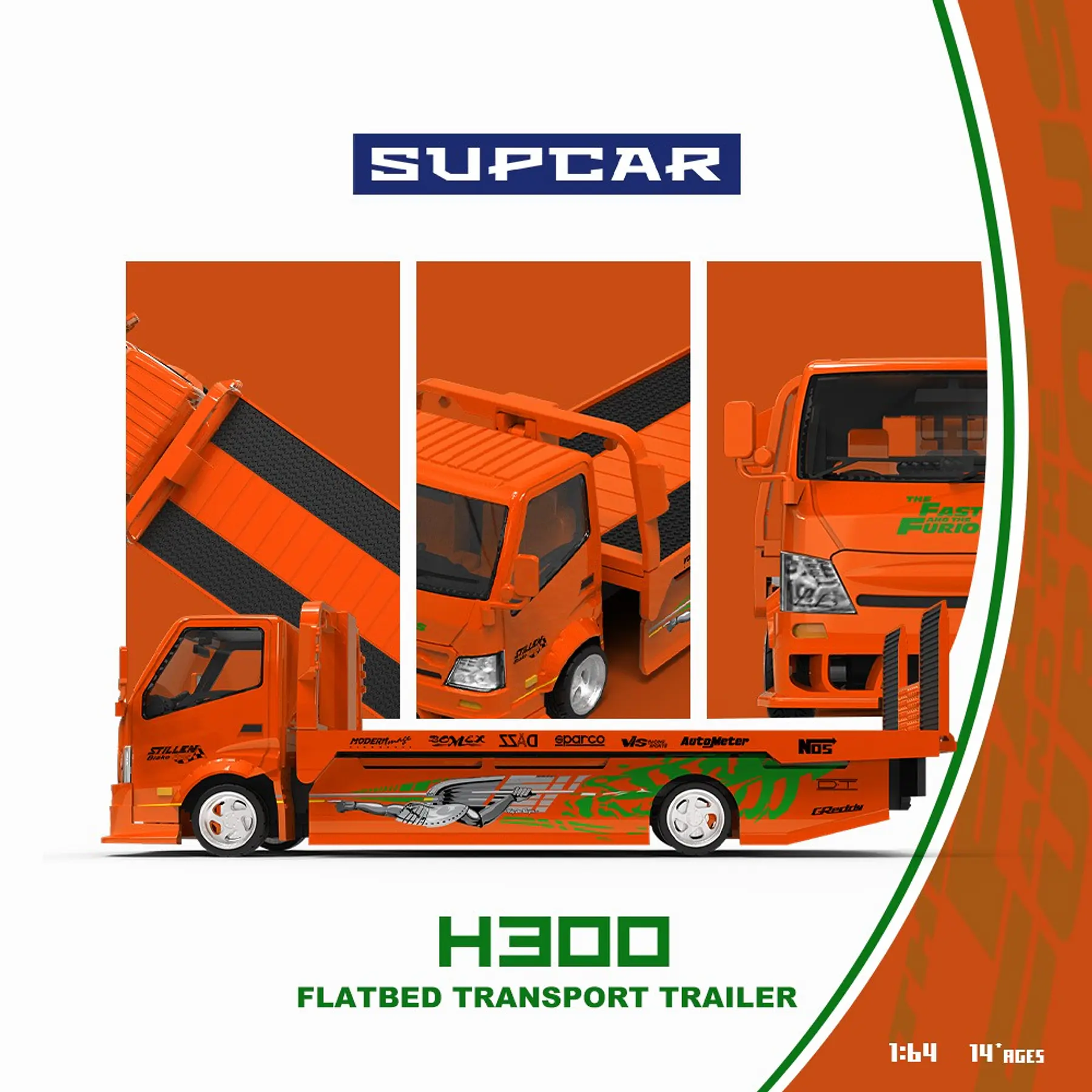 (PREVENTA) SupCar 1:64 H300 flat transport trailer Orange Fast and Furious