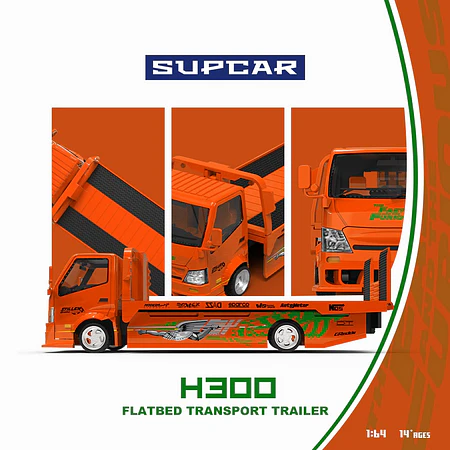 (PREVENTA) SupCar 1:64 H300 flat transport trailer Orange Fast and Furious