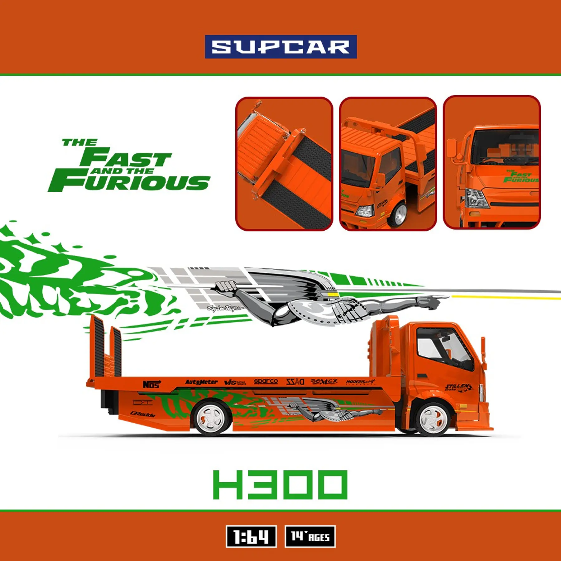 (PREVENTA) SupCar 1:64 H300 flat transport trailer Orange Fast and Furious
