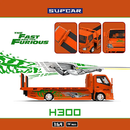 (PREVENTA) SupCar 1:64 H300 flat transport trailer Orange Fast and Furious