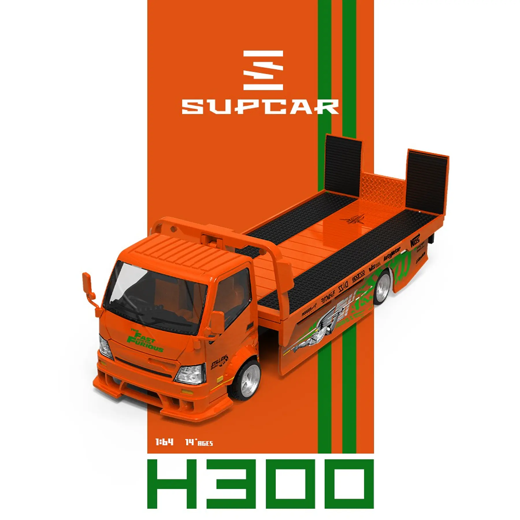 (PREVENTA) SupCar 1:64 H300 flat transport trailer Orange Fast and Furious