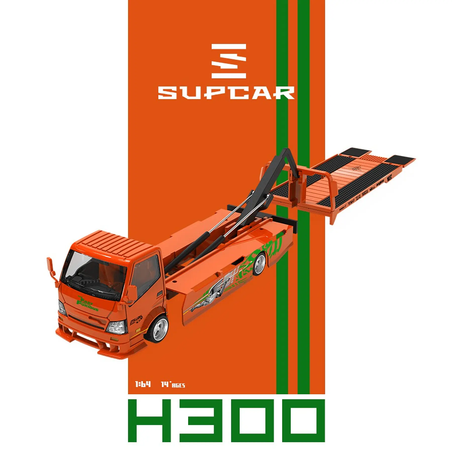 (PREVENTA) SupCar 1:64 H300 flat transport trailer Orange Fast and Furious