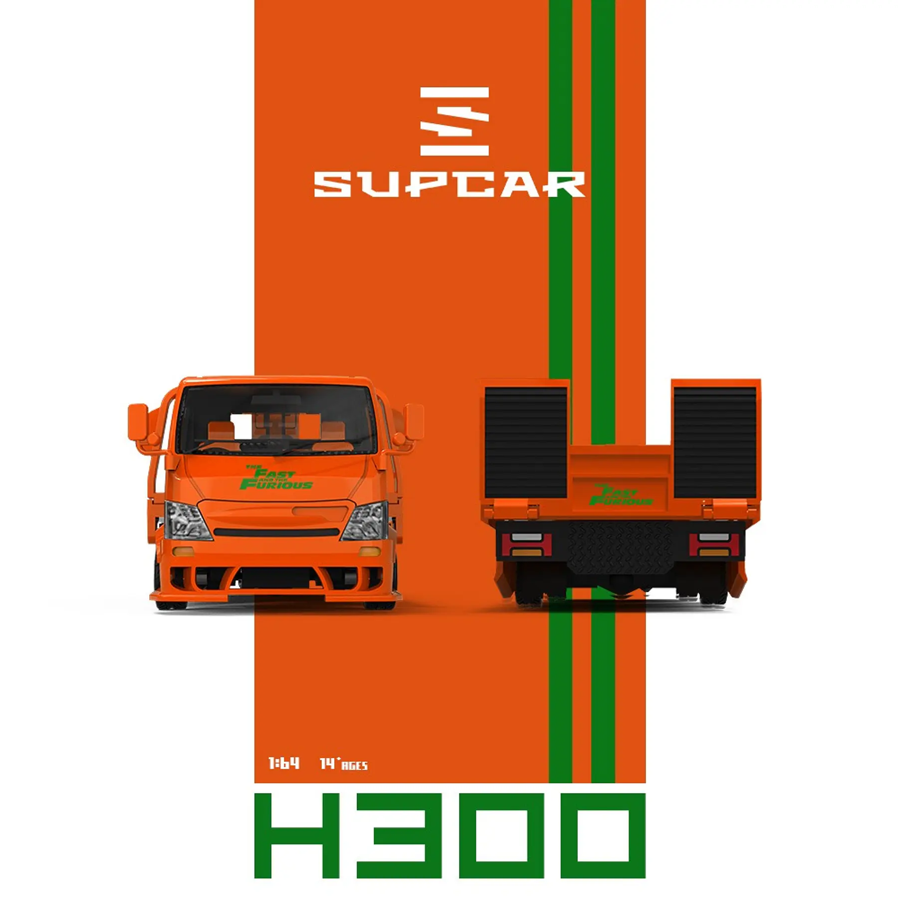 (PREVENTA) SupCar 1:64 H300 flat transport trailer Orange Fast and Furious