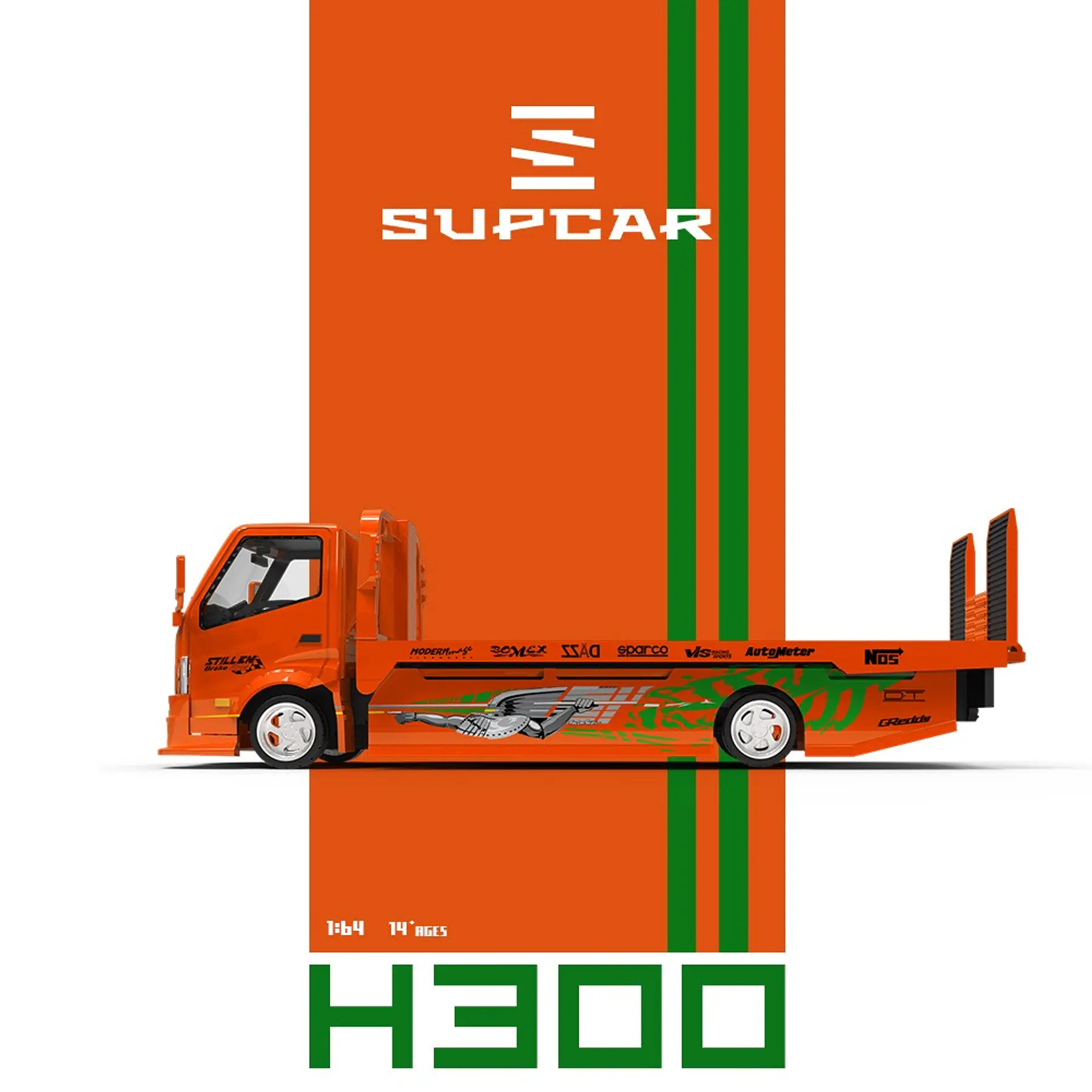 (PREVENTA) SupCar 1:64 H300 flat transport trailer Orange Fast and Furious