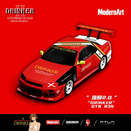 (PREVENTA) Modern Art 1:64 Nissan Skyline GT-R R34 Drinker Not Drunk 2.0"