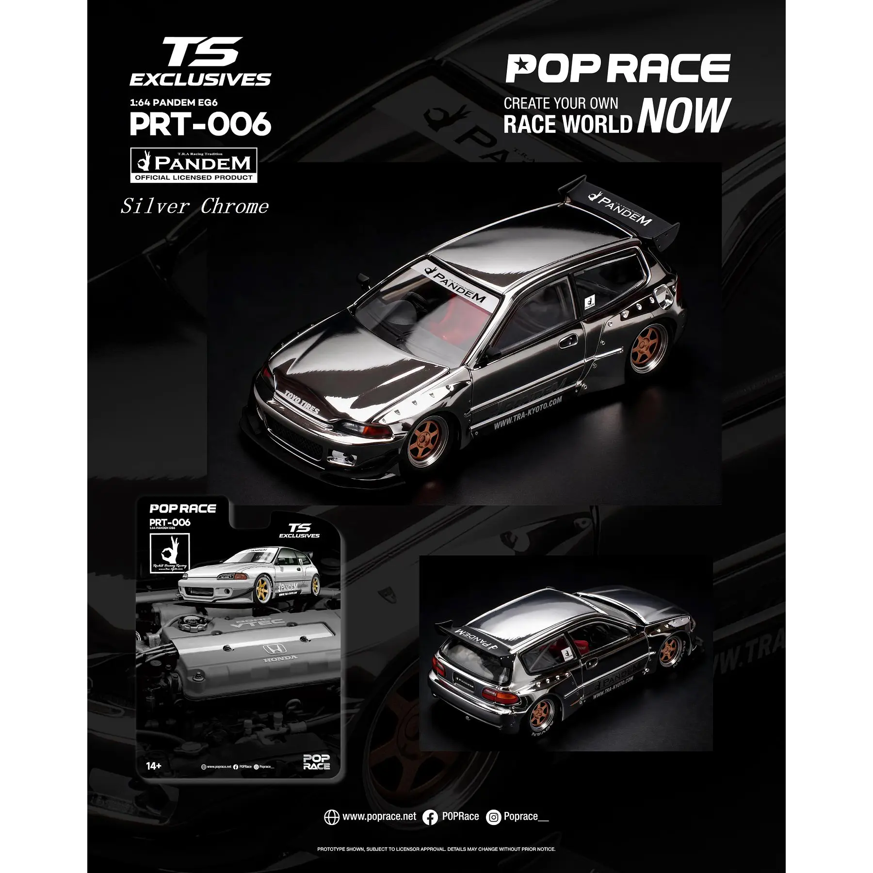 (PREVENTA) Pop Race x TS Exclusives 1:64 PANDEM Honda EG6 Silver Chrome 
