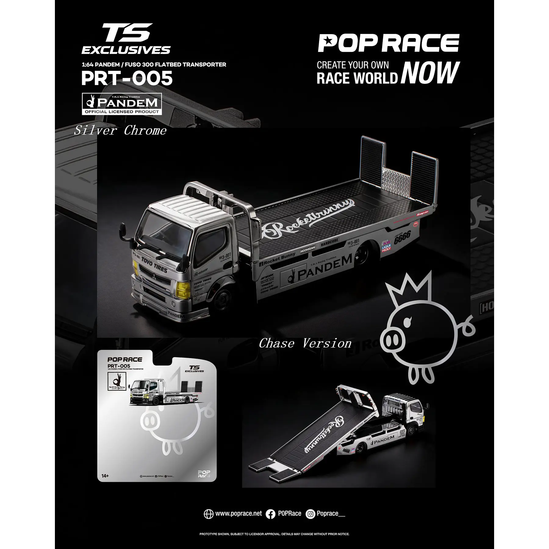 (PREVENTA) Pop Race x TS Exclusives 1:64 Pandem Mitsubishi Fuso 300 Flatbed Transporter silver chrome