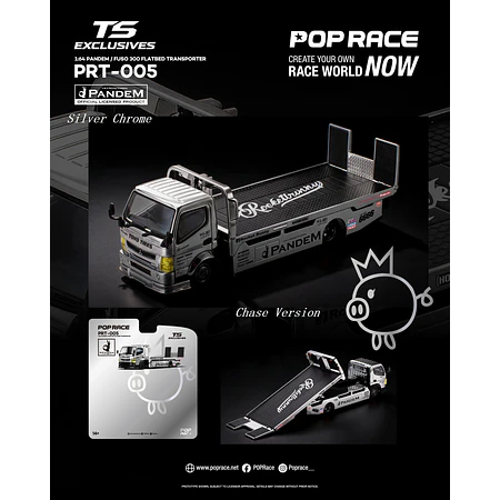 (PREVENTA) Pop Race x TS Exclusives 1:64 Pandem Mitsubishi Fuso 300 Flatbed Transporter silver chrome