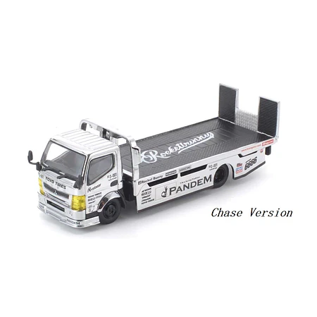 (PREVENTA) Pop Race x TS Exclusives 1:64 Pandem Mitsubishi Fuso 300 Flatbed Transporter silver chrome
