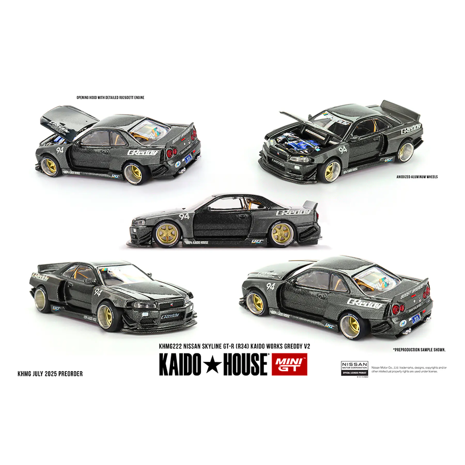 Kaido House x Mini GT 1:64 Nissan Skyline GT-R (R34) Kaido Works GReddy V2 – Black w/ Carbon. 