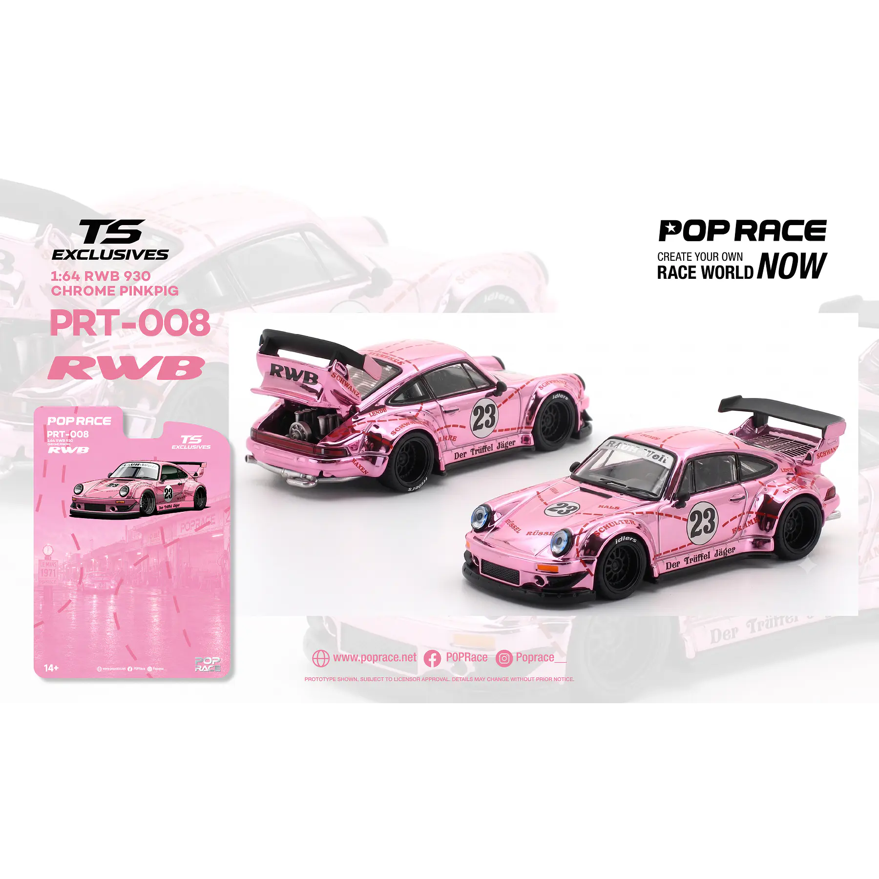 (PREVENTA) Pop Race x TS Exclusives 1:64 Porsche RWB 930 Chrome Pink Pig