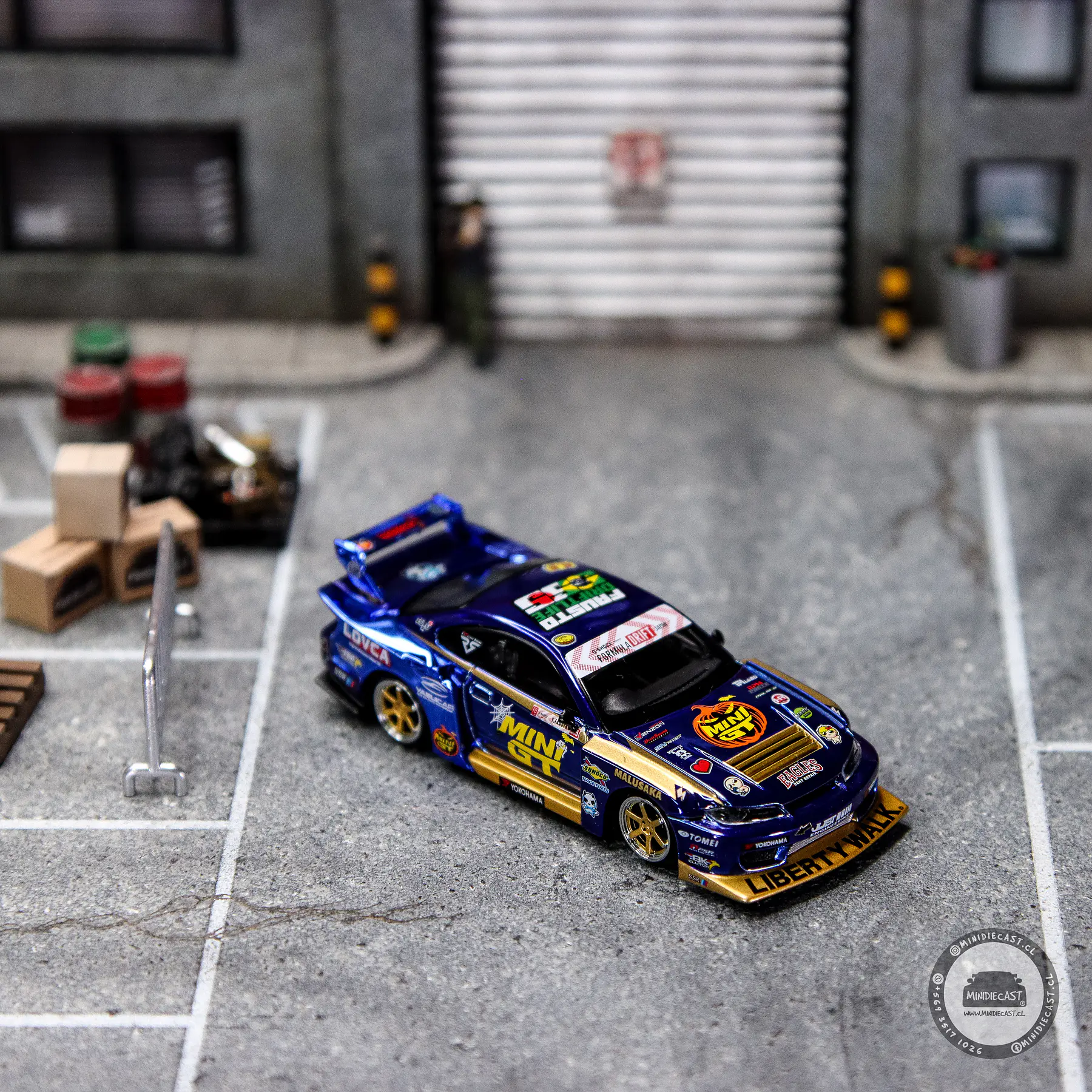 Mini GT 1:64 Nissan LB-Super Silhouette S15 SILVIA #555 Team MINI GT Liberty Walk 2025 Formula Drift Halloween Special – Chrome Blue. 