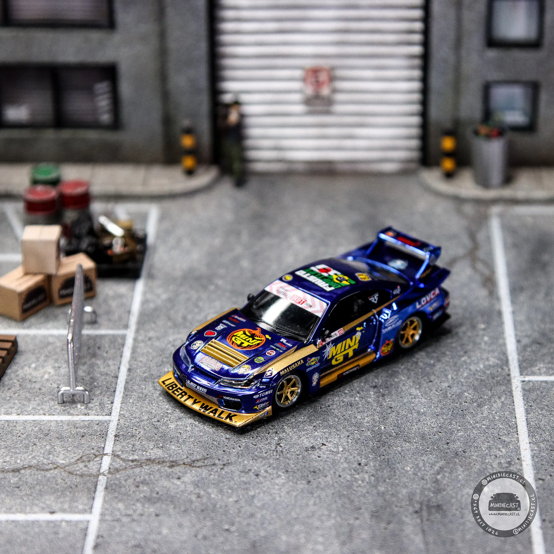 Mini GT 1:64 Nissan LB-Super Silhouette S15 SILVIA #555 Team MINI GT Liberty Walk 2025 Formula Drift Halloween Special – Chrome Blue. 
