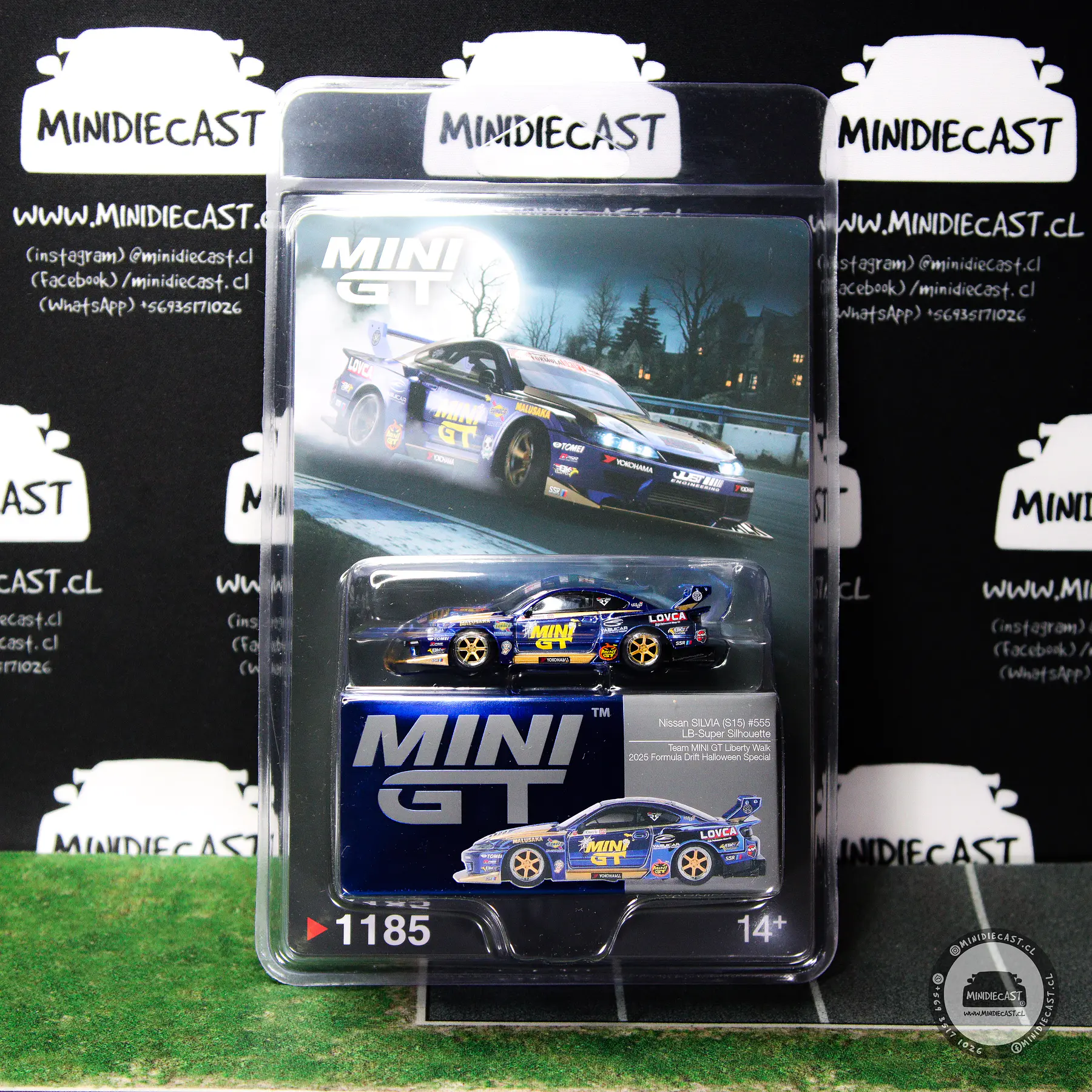 Mini GT 1:64 Nissan LB-Super Silhouette S15 SILVIA #555 Team MINI GT Liberty Walk 2025 Formula Drift Halloween Special – Chrome Blue. 