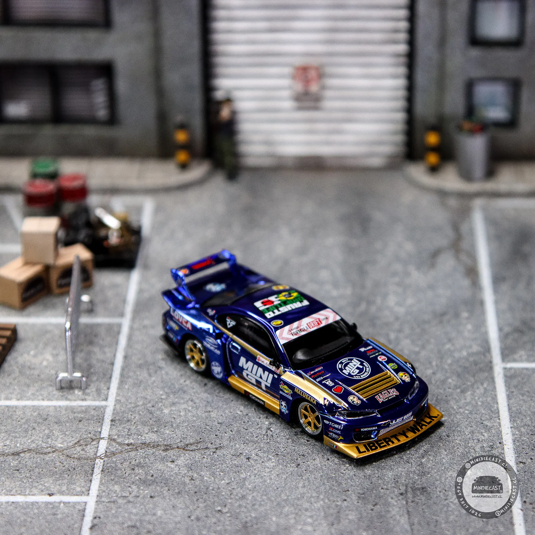 Mini GT 1:64 Nissan LB-Super Silhouette S15 SILVIA #555 Team MINI GT Liberty Walk 2025 Formula Drift – Chrome Blue. 