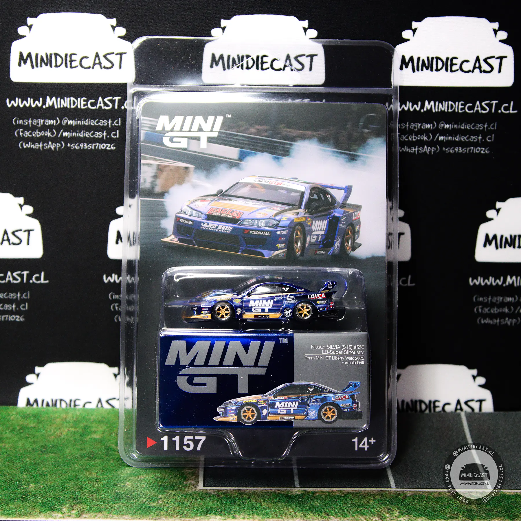 Mini GT 1:64 Nissan LB-Super Silhouette S15 SILVIA #555 Team MINI GT Liberty Walk 2025 Formula Drift – Chrome Blue. 