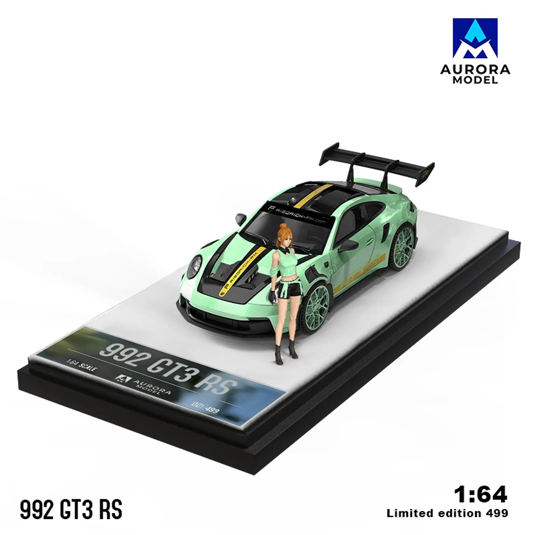 Aurora Model 1:64 992 GT3 RS Mint Green + figure. 