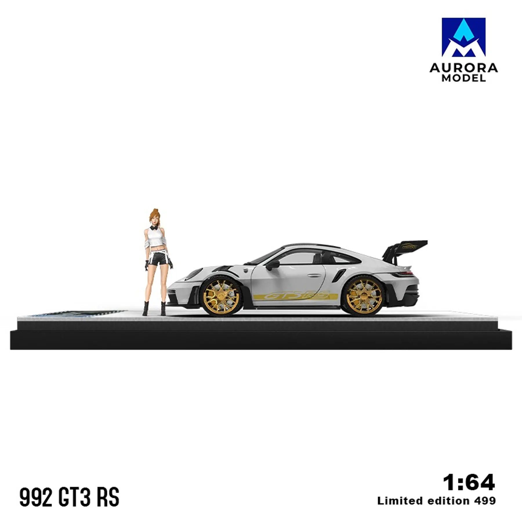 Aurora Model 1:64 992 GT3 RS Platinum + figure. 