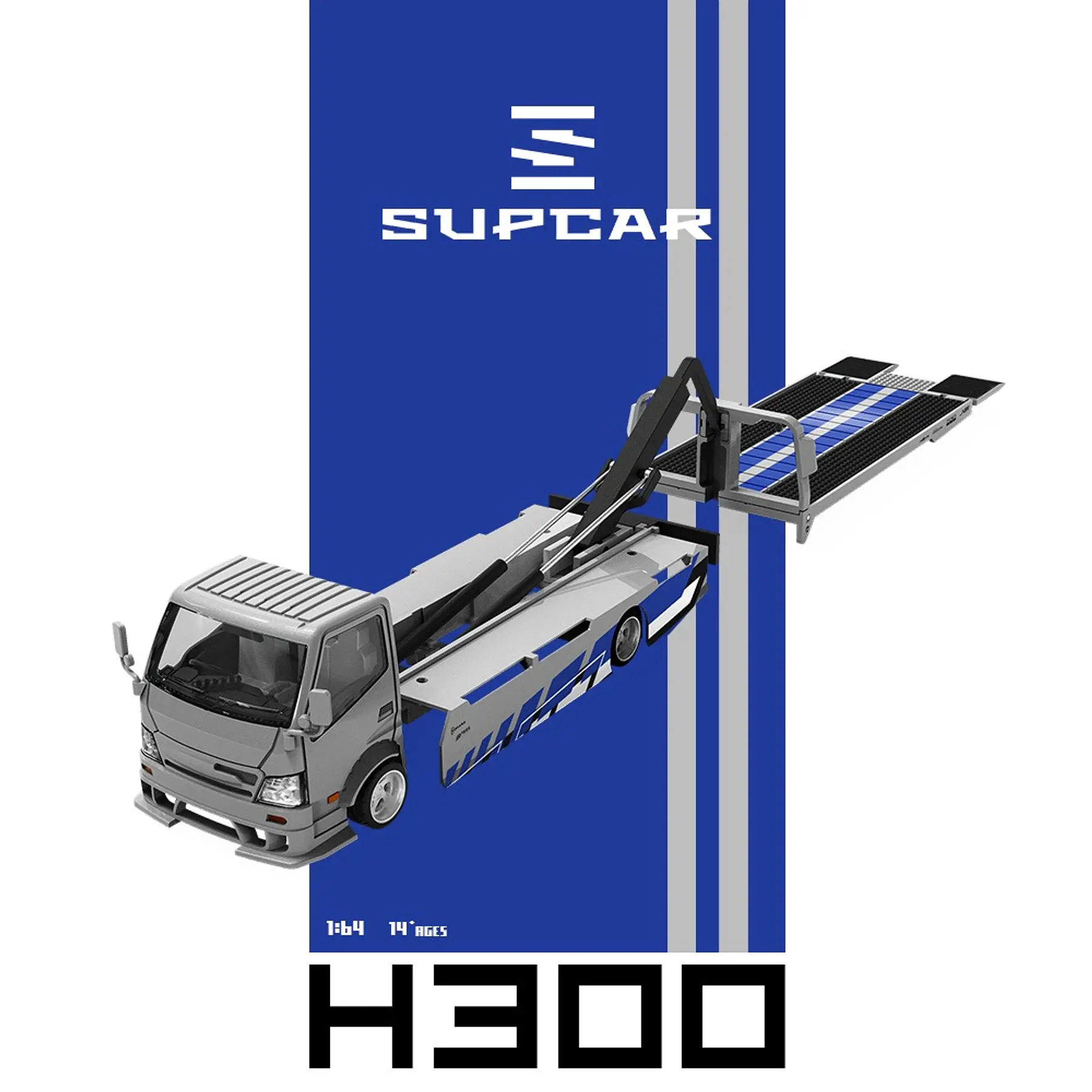 SupCar 1:64 H300 Flatbed Transport Trailer - Silver Blue. 