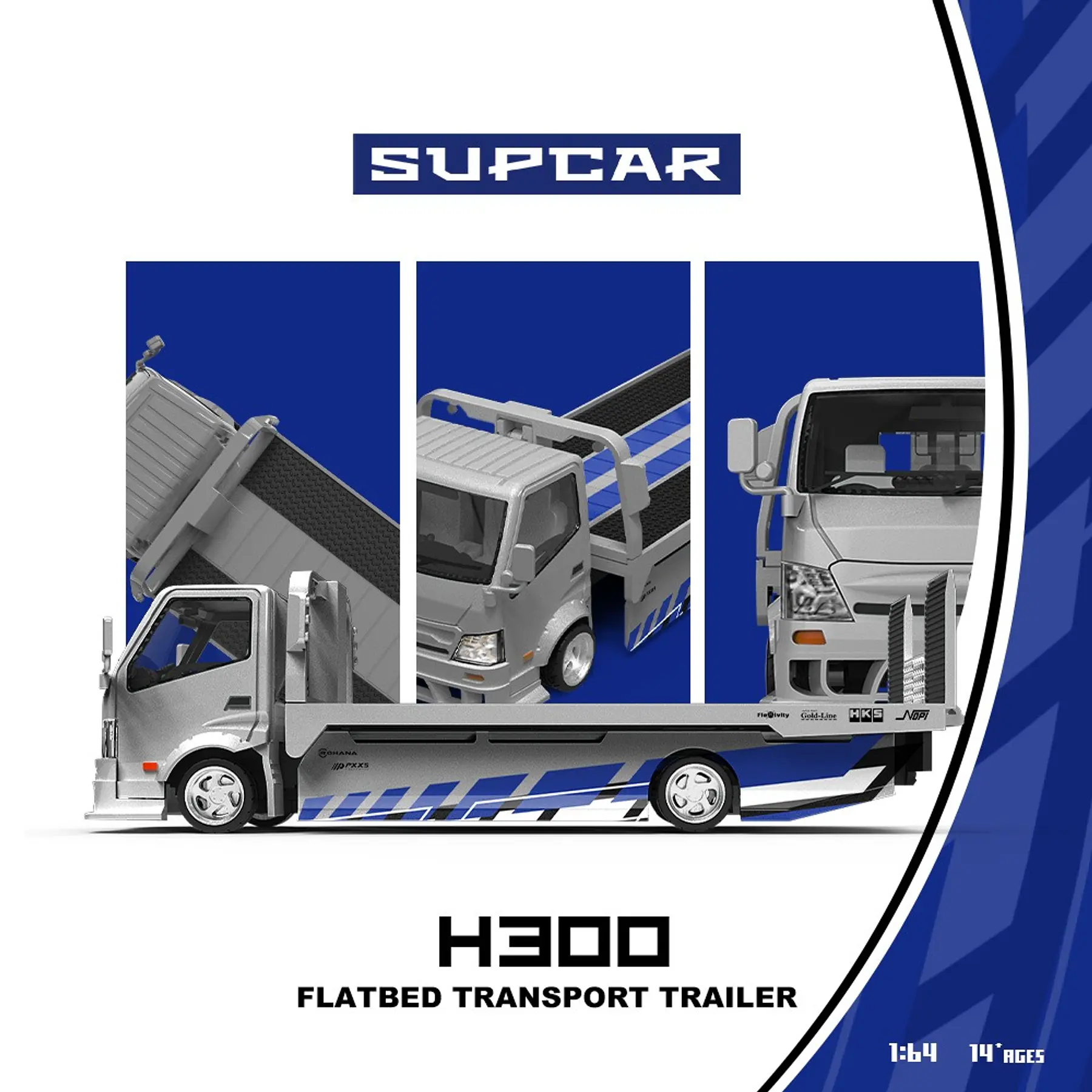 SupCar 1:64 H300 Flatbed Transport Trailer - Silver Blue. 