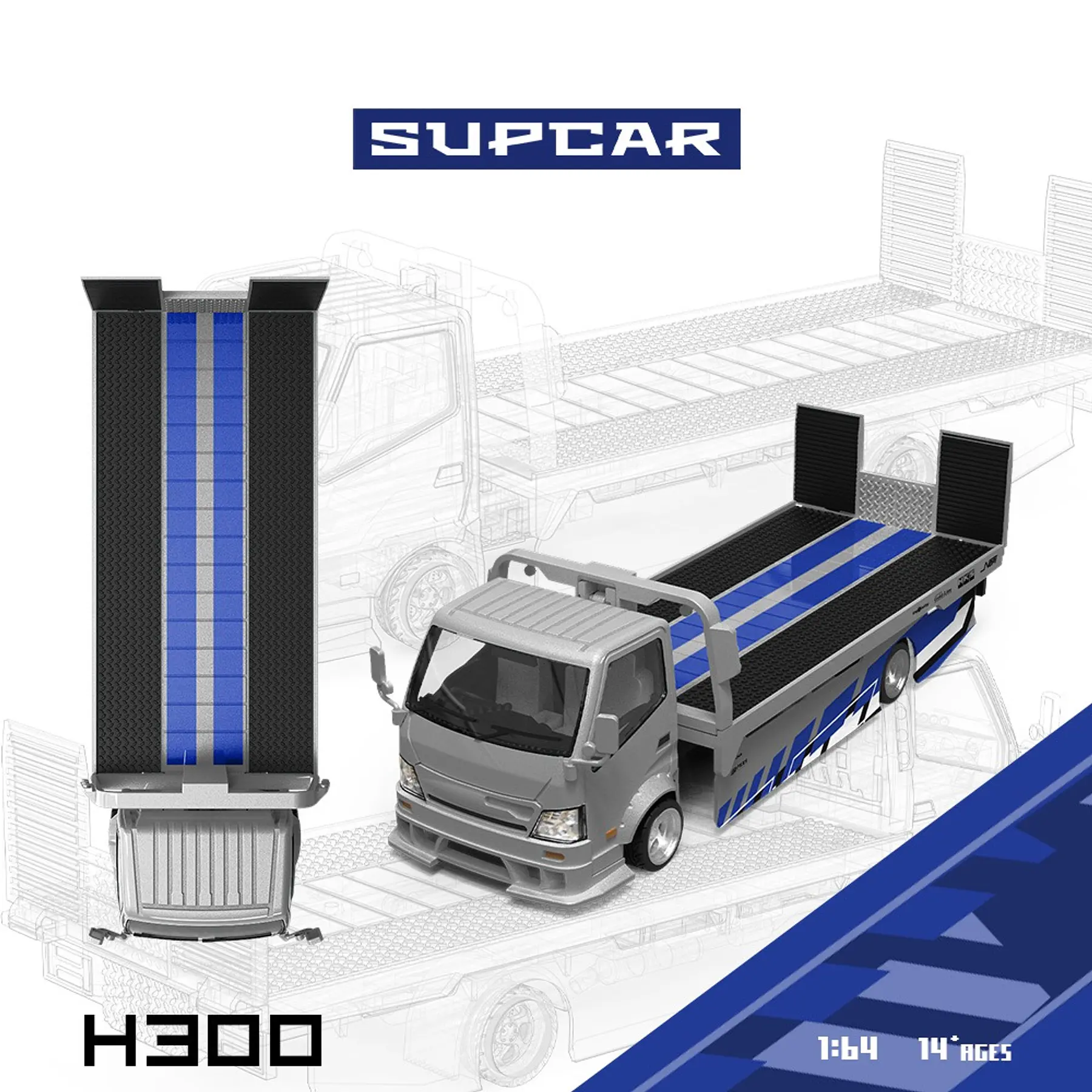 SupCar 1:64 H300 Flatbed Transport Trailer - Silver Blue. 