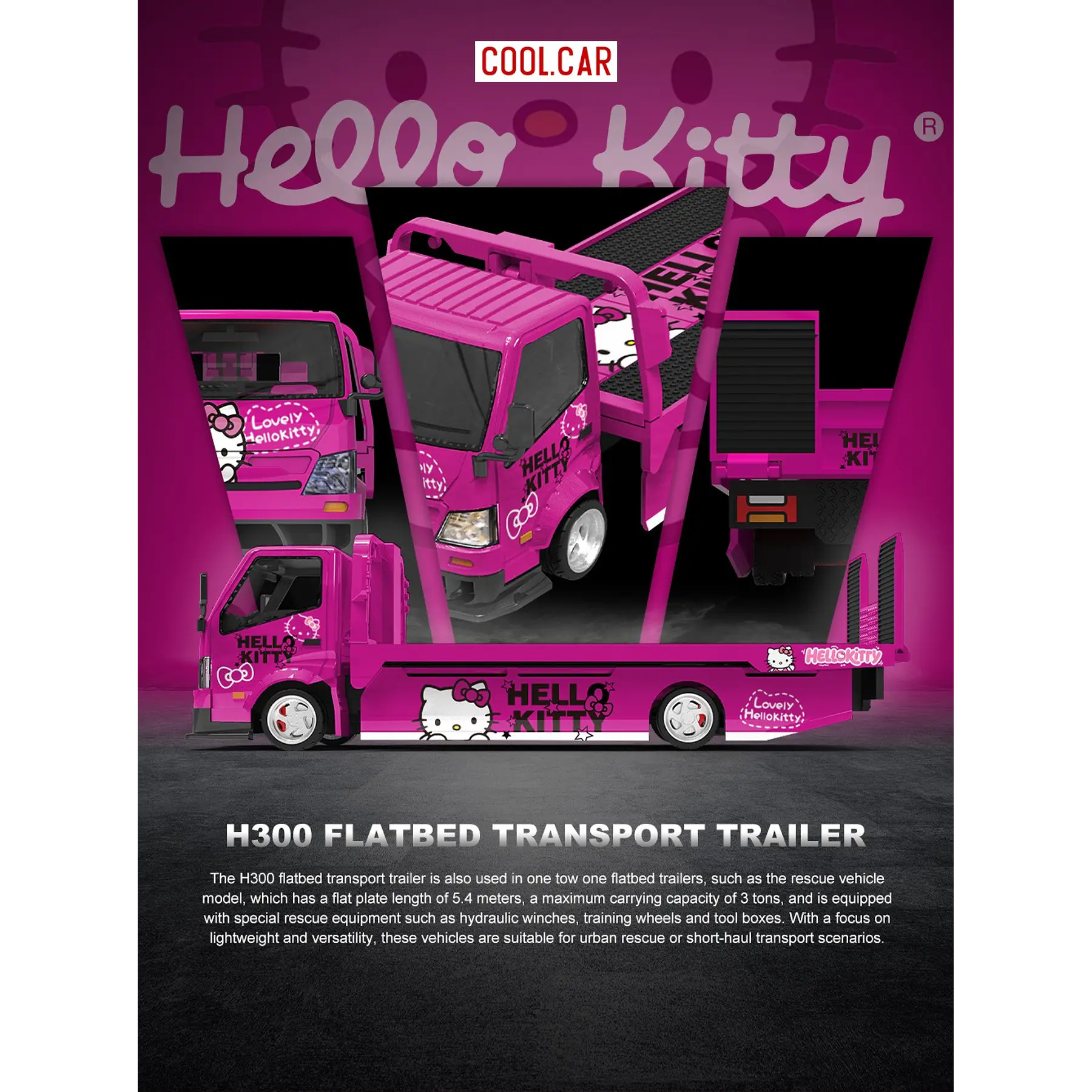 Cool Car 1:64 H300 Flatbed Transport Hello Kitty Deep Pink. 