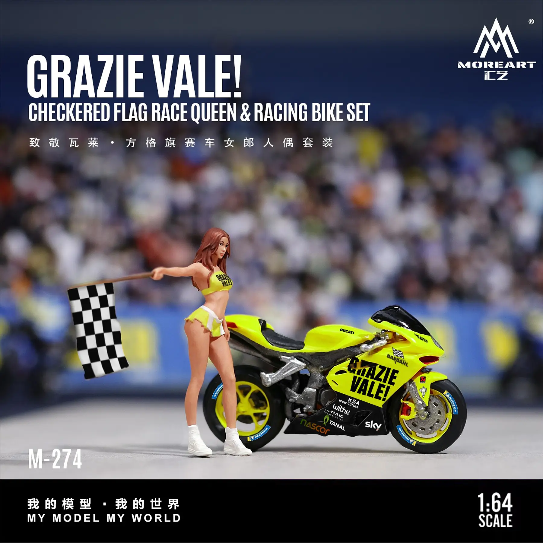 (PREVENTA) MoreArt 1:64 Motorcycle Grazie Vale Flag Racing with Girl Doll Resin Model