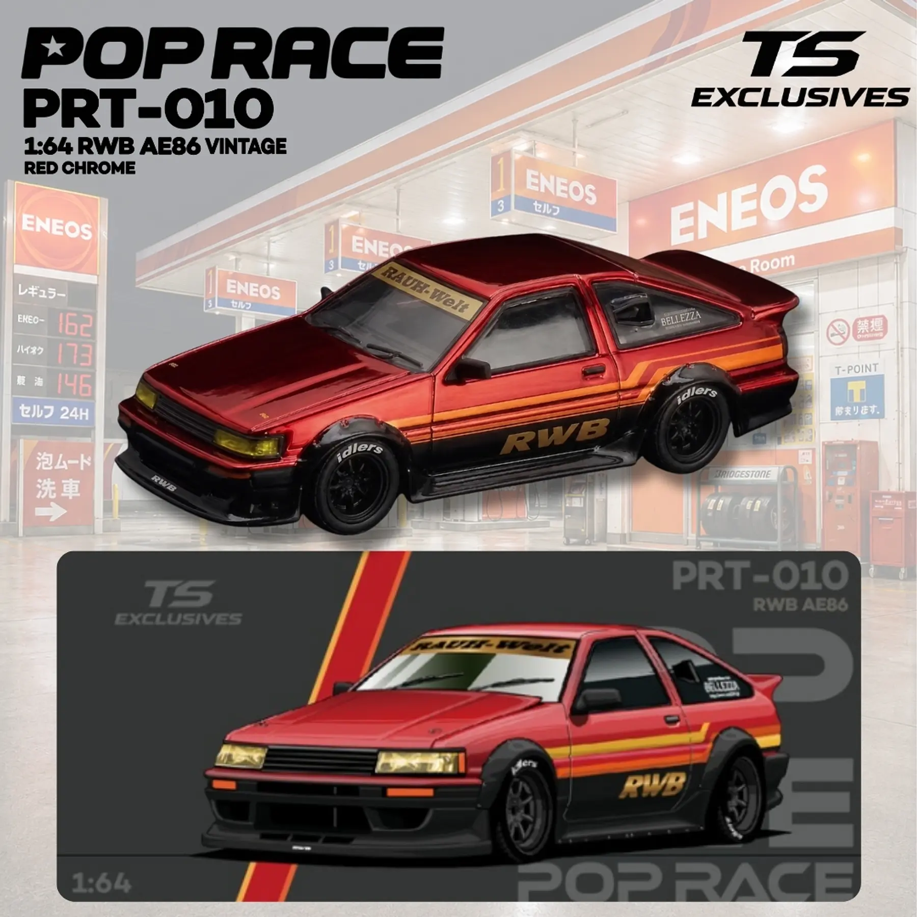 (PREVENTA) Pop Race x TS Exclusives 1:64 Toyota RWB AE86 Vintage Red Chrome