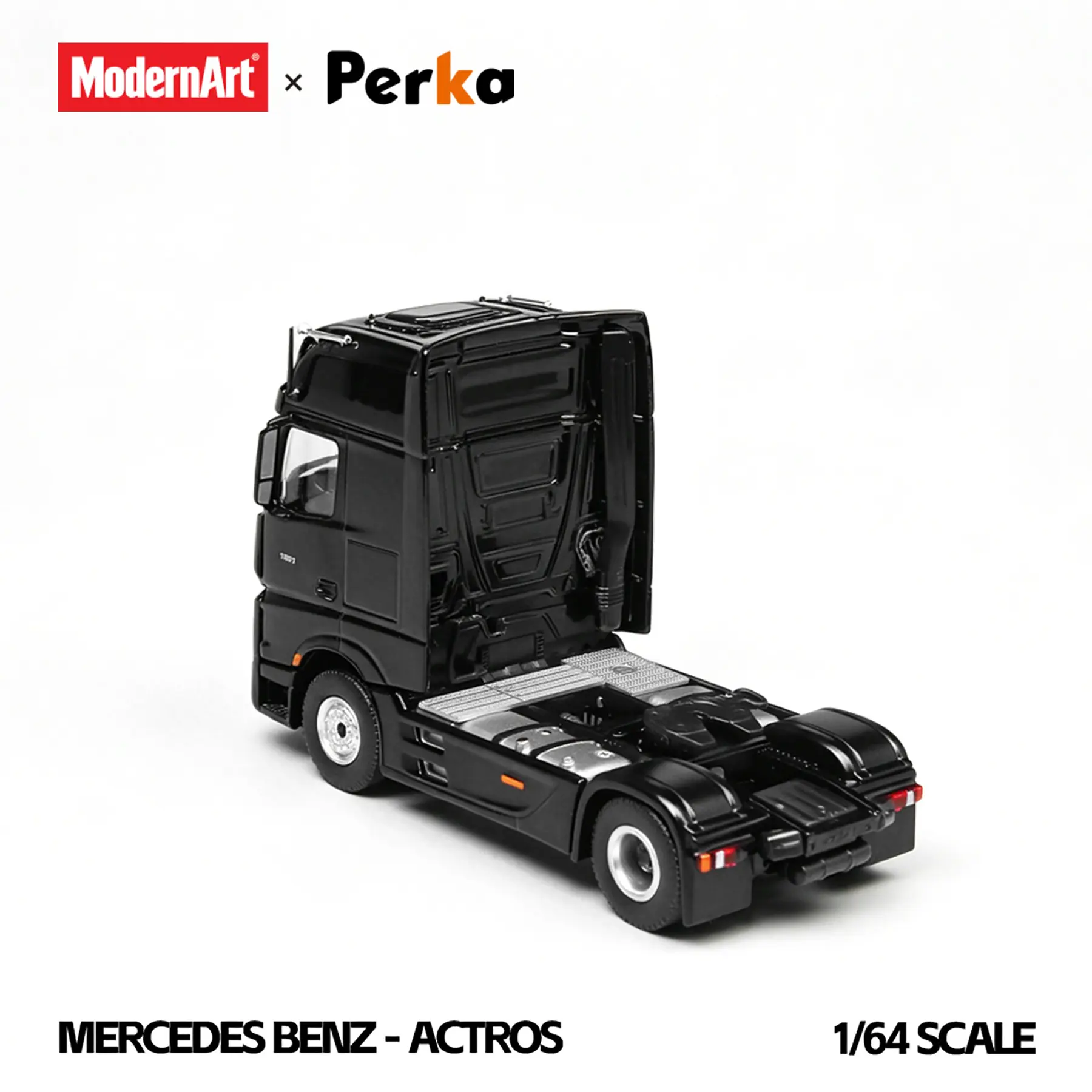 (PREVENTA) Modern Art & Perka 1:64 Mercedes-Benz Actros Winged Box-Type Semi-Trailer Transport Vehicle - Black Dot Matrix