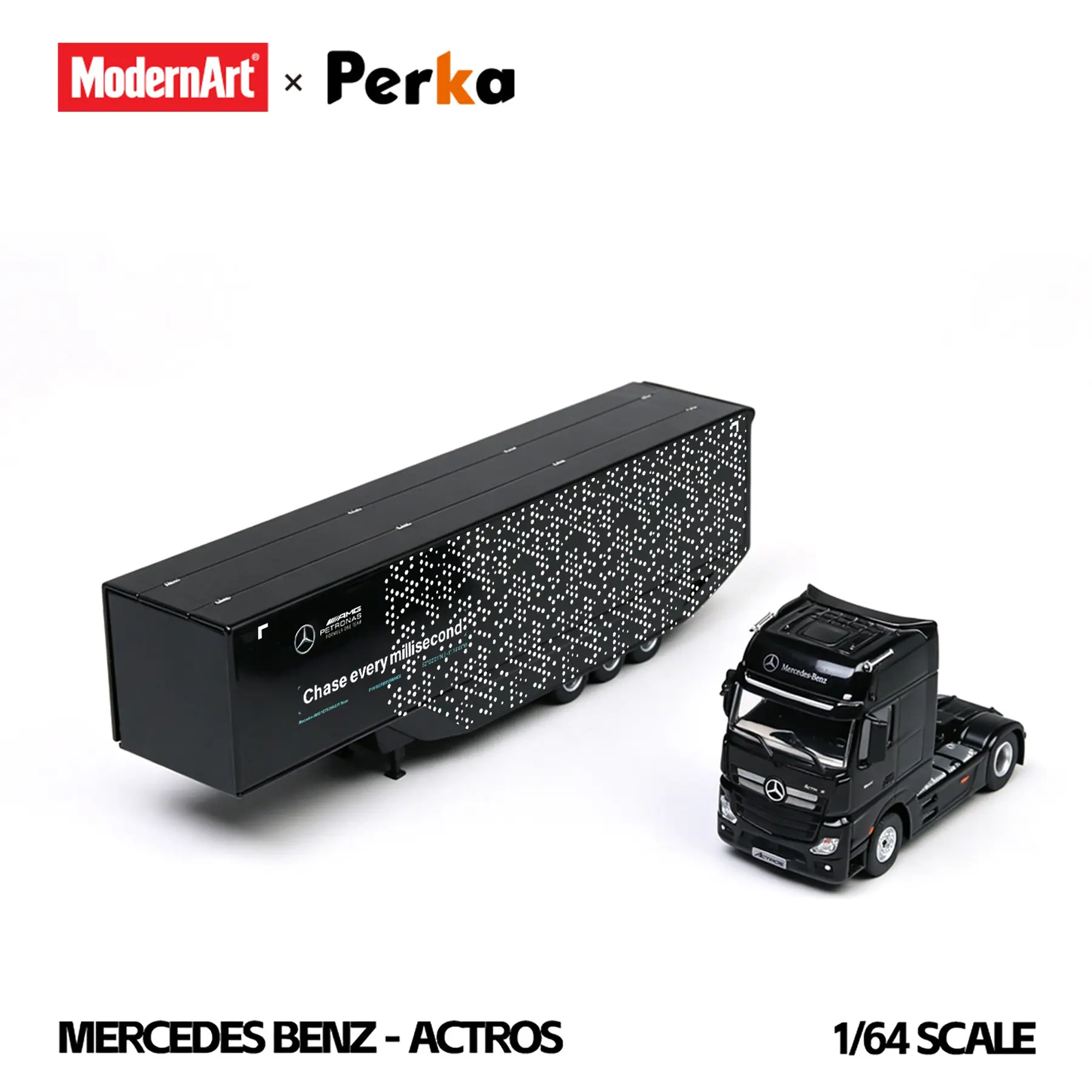 (PREVENTA) Modern Art & Perka 1:64 Mercedes-Benz Actros Winged Box-Type Semi-Trailer Transport Vehicle - Black Dot Matrix