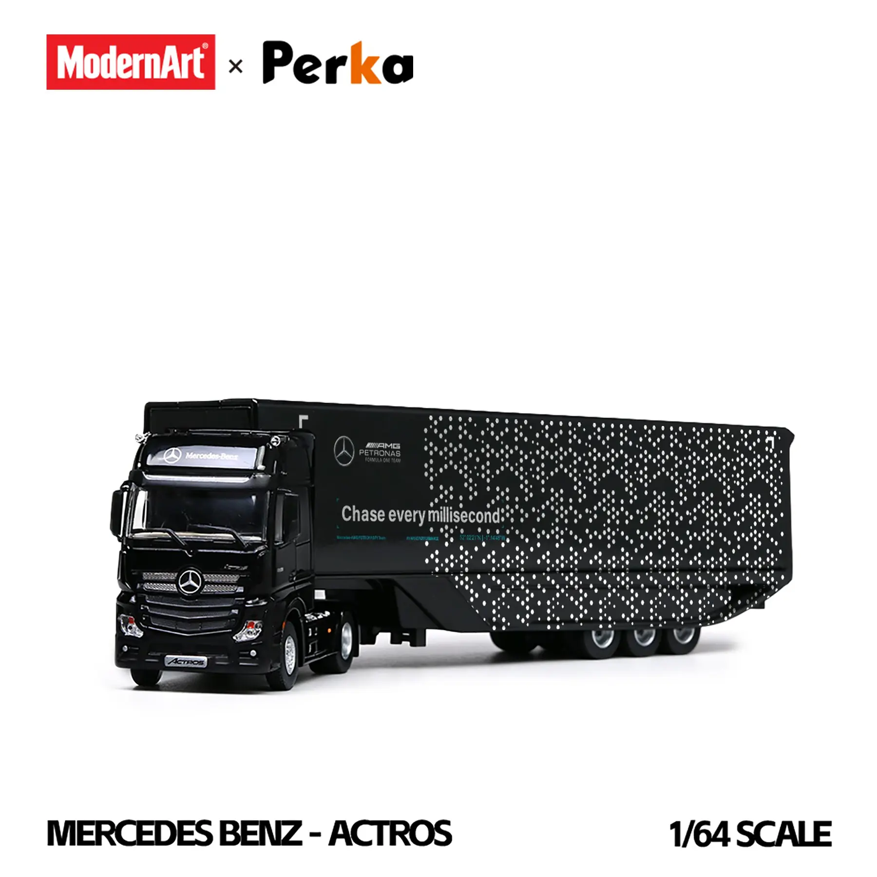 (PREVENTA) Modern Art & Perka 1:64 Mercedes-Benz Actros Winged Box-Type Semi-Trailer Transport Vehicle - Black Dot Matrix