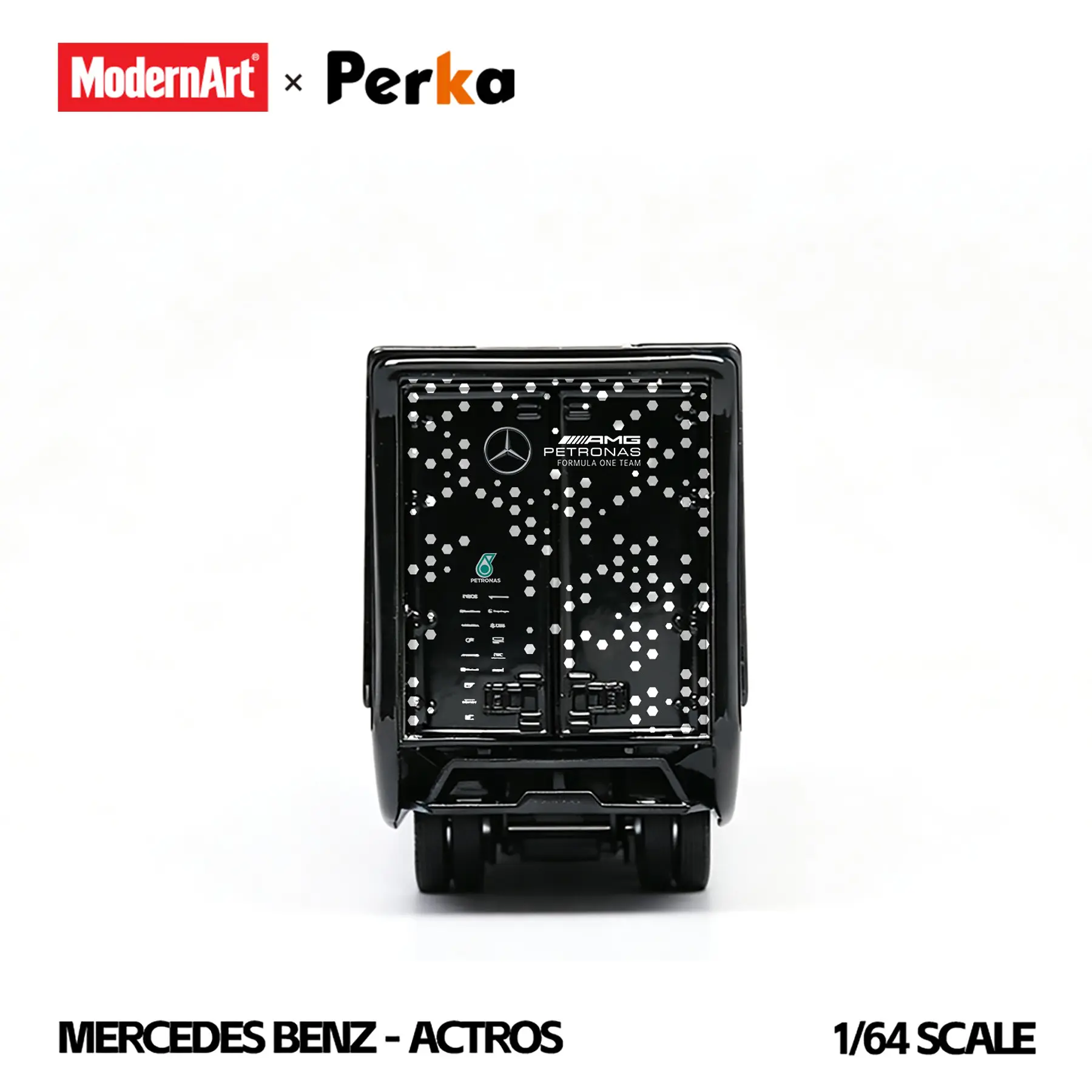 (PREVENTA) Modern Art & Perka 1:64 Mercedes-Benz Actros Winged Box-Type Semi-Trailer Transport Vehicle - Black Dot Matrix