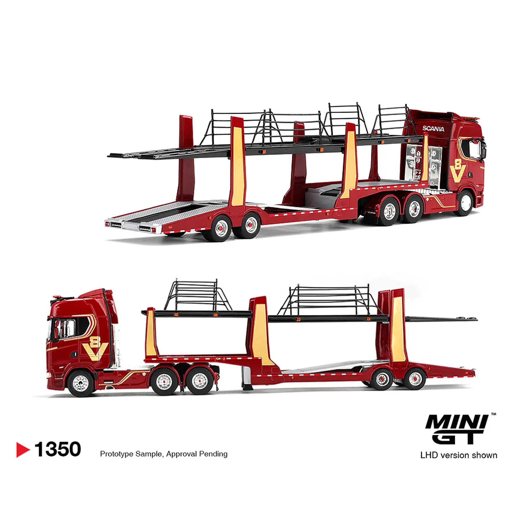 (PREVENTA) Mini GT 1:64 Scania 770S A6x4NA Car Transporter V8 50th anniversary + Car transporter – Red – Limited Edition