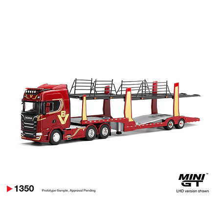 (PREVENTA) Mini GT 1:64 Scania 770S A6x4NA Car Transporter V8 50th anniversary + Car transporter – Red – Limited Edition